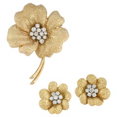 Van Cleef & Arpels Diamond Flower Brooch & Earrings Set