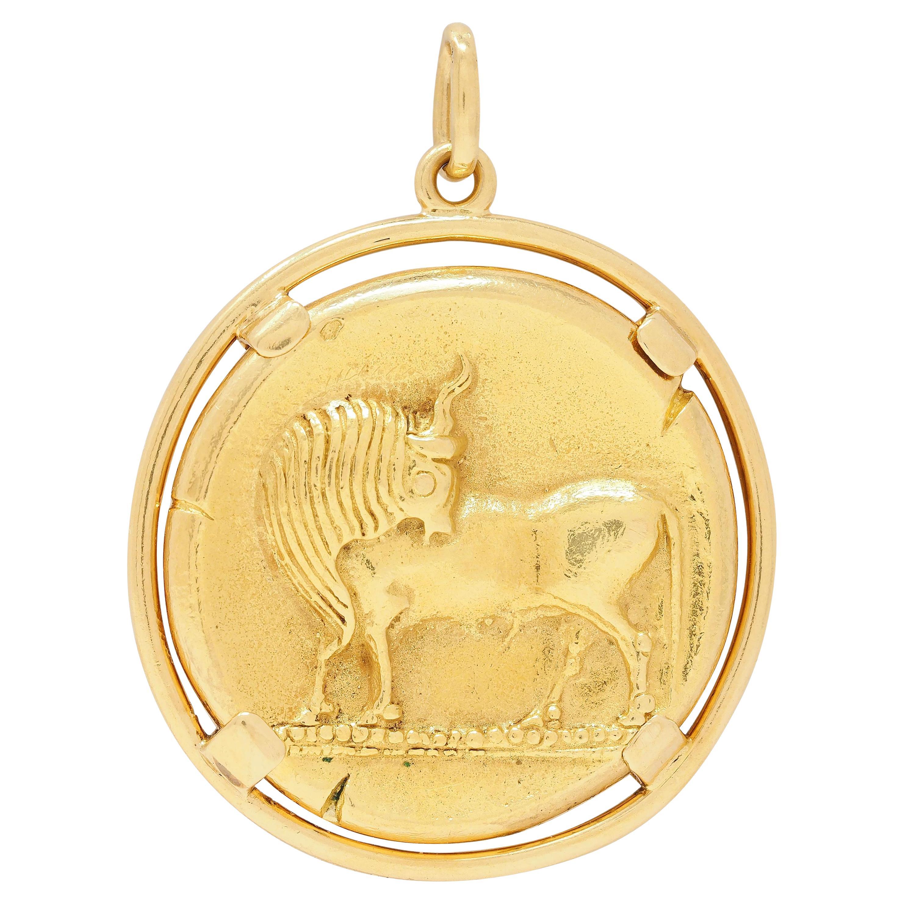 Van Cleef French 18 Karat Yellow Gold Taurus Vintage Zodiac Charm Pendant For Sale