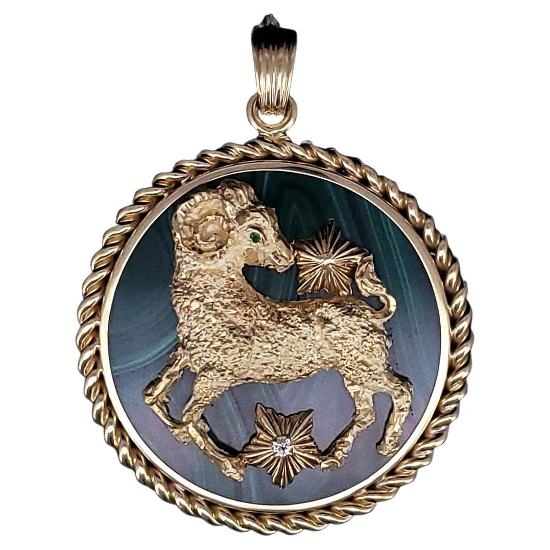 Van Cleef French 18k Yellow Gold Malachite Diamond & Emerald Zodiac Pendant