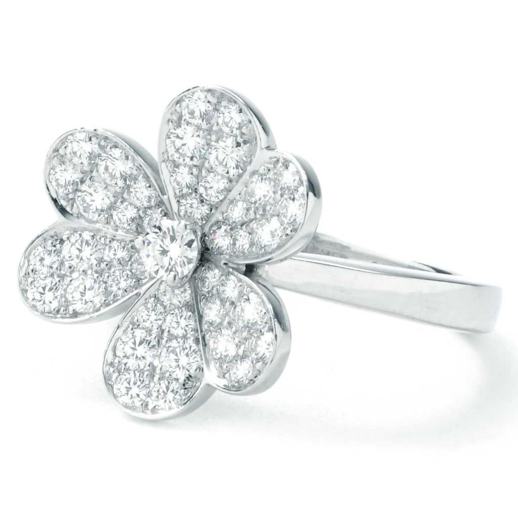 Previously-owned Van Cleef Frivole Collection ring. The ring is a size 6 (US), made of 18K white gold, and weighs 3.40 DWT (approx. 5.29 grams). It also has 43 round D-F-color, IF-VVS-clarity diamonds. Ring Size 6.