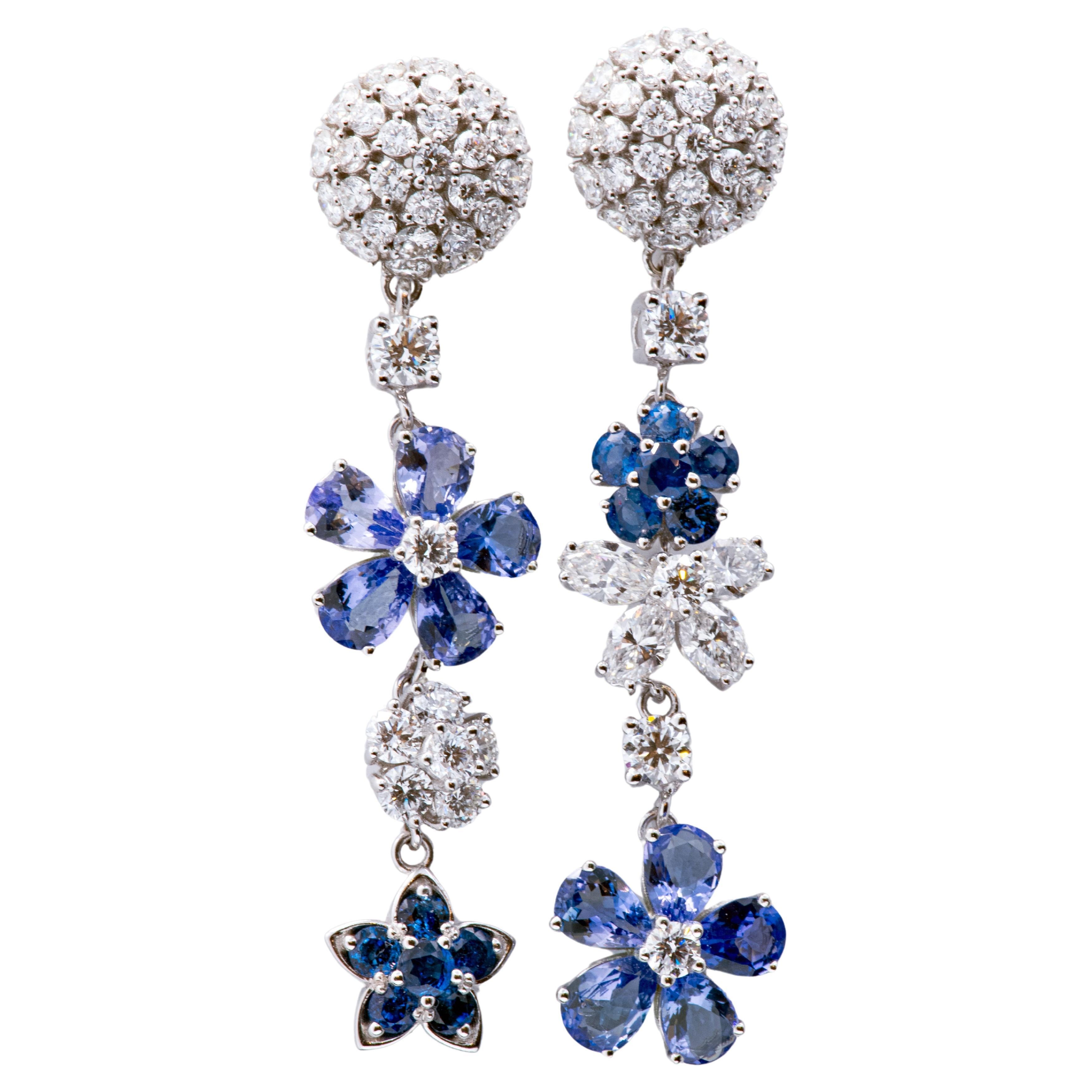Van Cleef & Arpels style diamond, tanzanite, sapphire gold dangle drop earrings