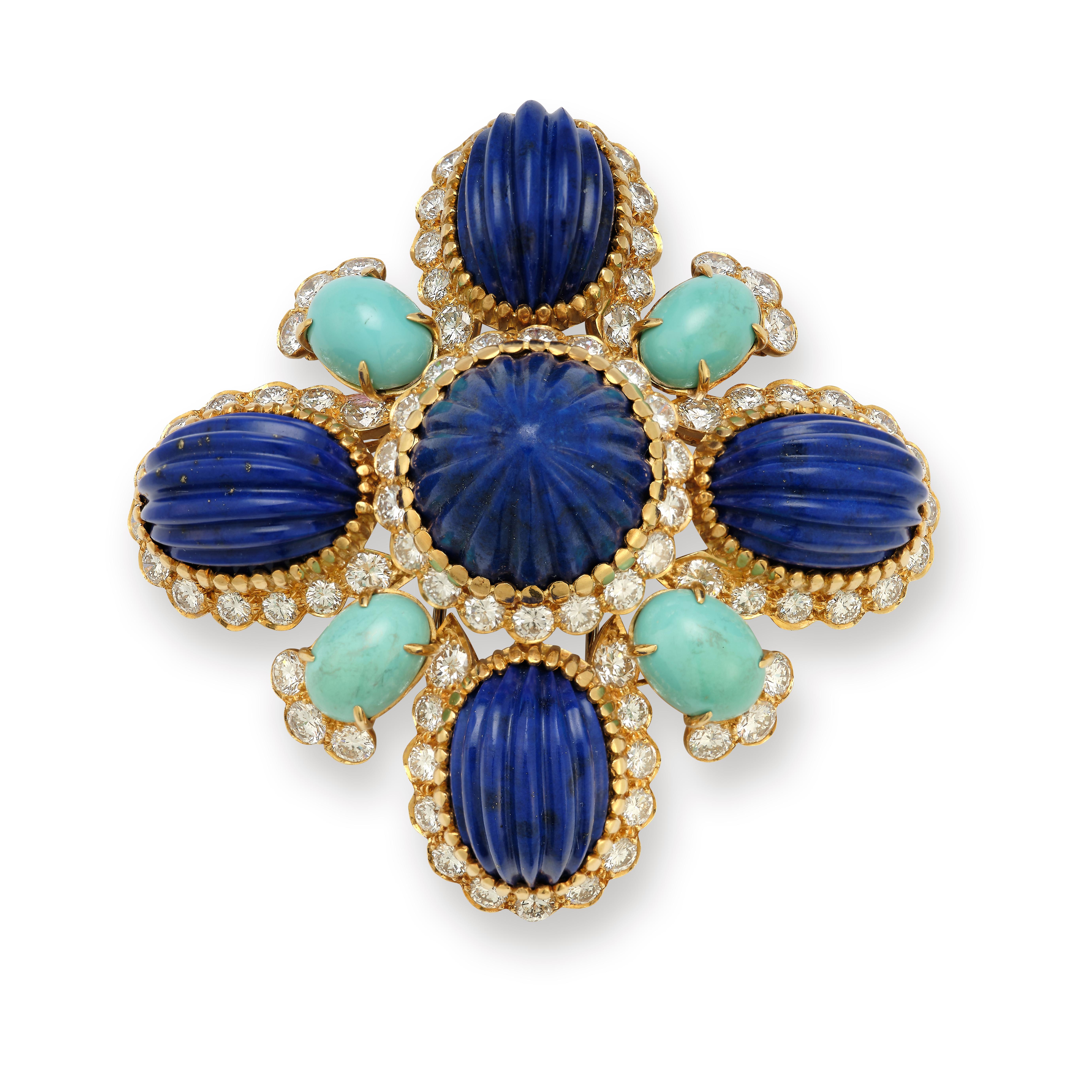 Van Cleef Lapis Lazuli & Turquoise Brooch 

Carved lapis lazuli and turquoise set with diamonds

18k yellow gold

Signed Van Cleef and Arpels and numbered

Measurements: 2.5