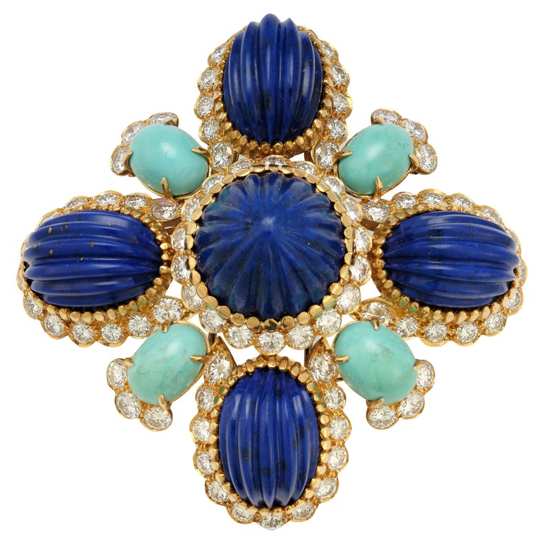 Van Cleef & Arpels Lapis Lazuli & Turquoise Brooch For Sale