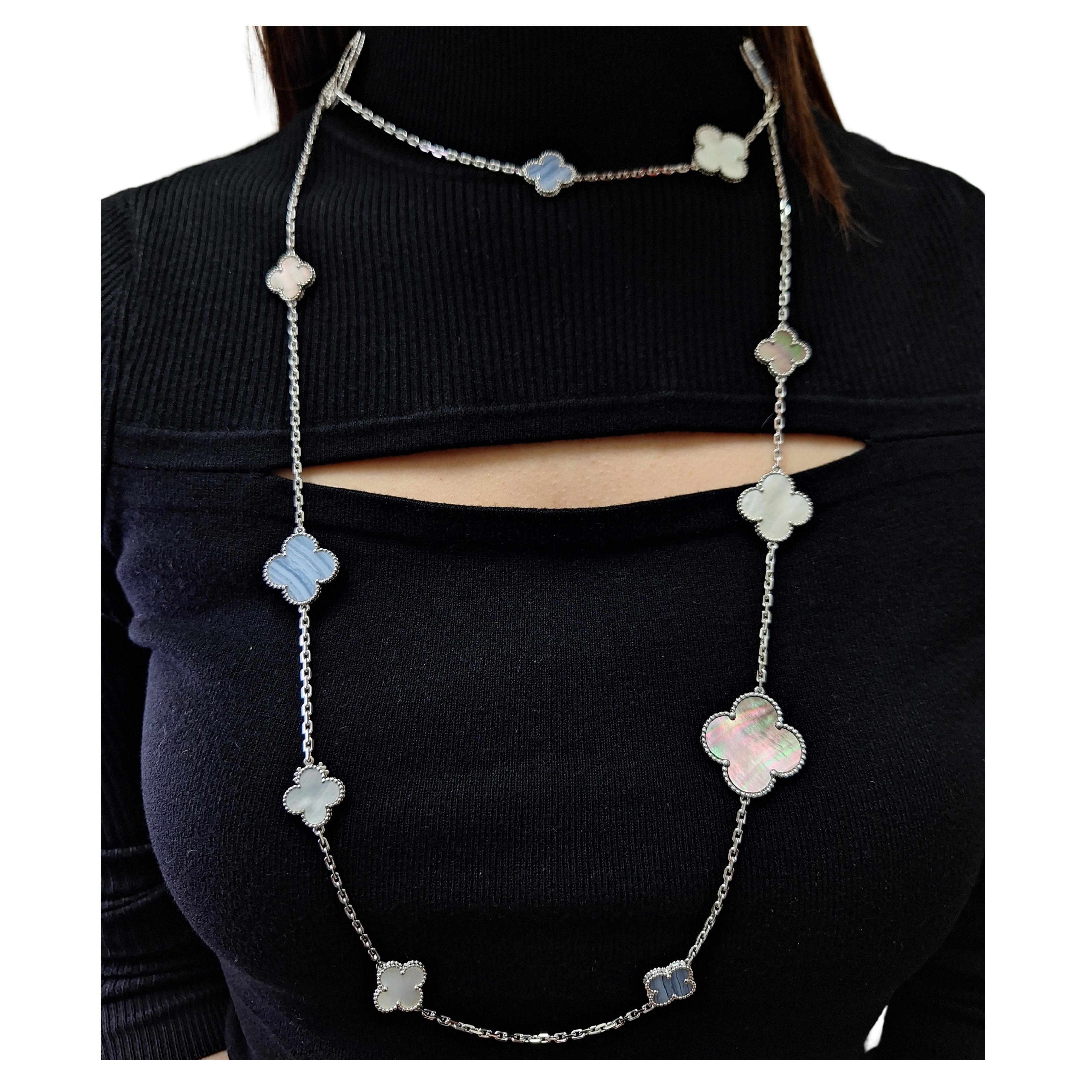 Van Cleef Mother of Pearl & Chalcedony Alhambra Necklace 16 Motif For Sale