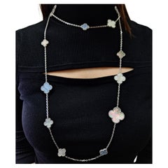 Used Van Cleef Mother of Pearl & Chalcedony Alhambra Necklace 16 Motif