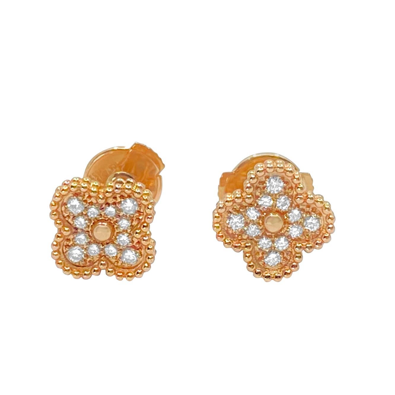 Metal: 18k rose gold. Diamonds: 0.20 cwt. Round brilliant cut, 100% natural earth mined diamonds. Brand: Van Cleef Arpels. The Sweet Alhambra jewelry creations by Van Cleef & Arpels have featured delightful lucky motifs in miniature form since 2007.