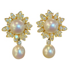 Van Cleef Clips d'oreilles vintage en or 18 carats, perles de culture et diamants
