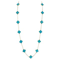 Van Cleef Vintage Alhambra 20 Motif Turquoise 18KYG Necklace Rare B&P's