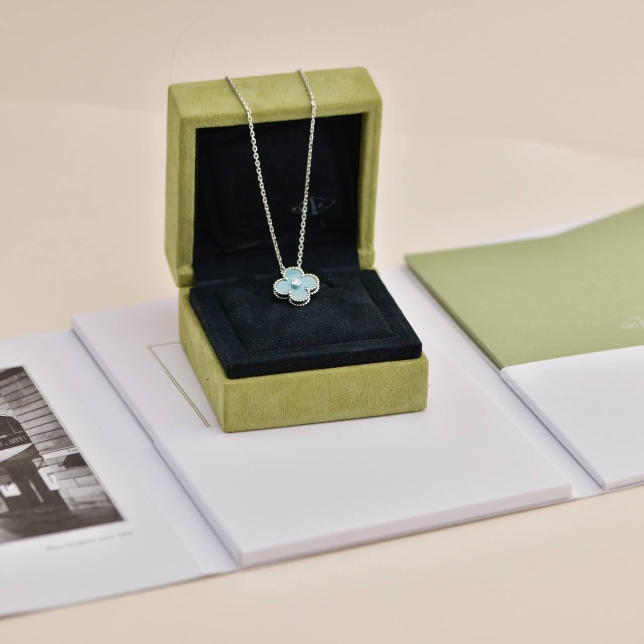 Brilliant Cut Van Cleef Vintage Alhambra Diamond Celadon Sèvres Porcelain 2022 Holiday Pendant For Sale