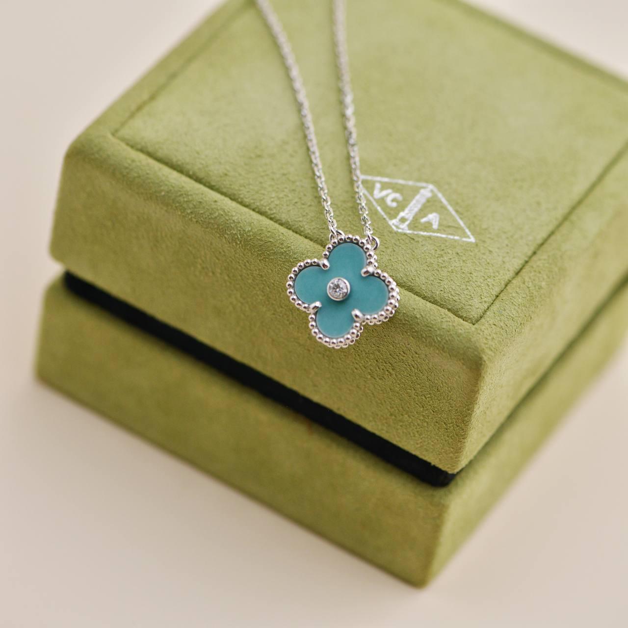 Van Cleef Vintage Alhambra Diamond Celadon Sèvres Porcelain 2022 Holiday Pendant In Excellent Condition For Sale In Banbury, GB