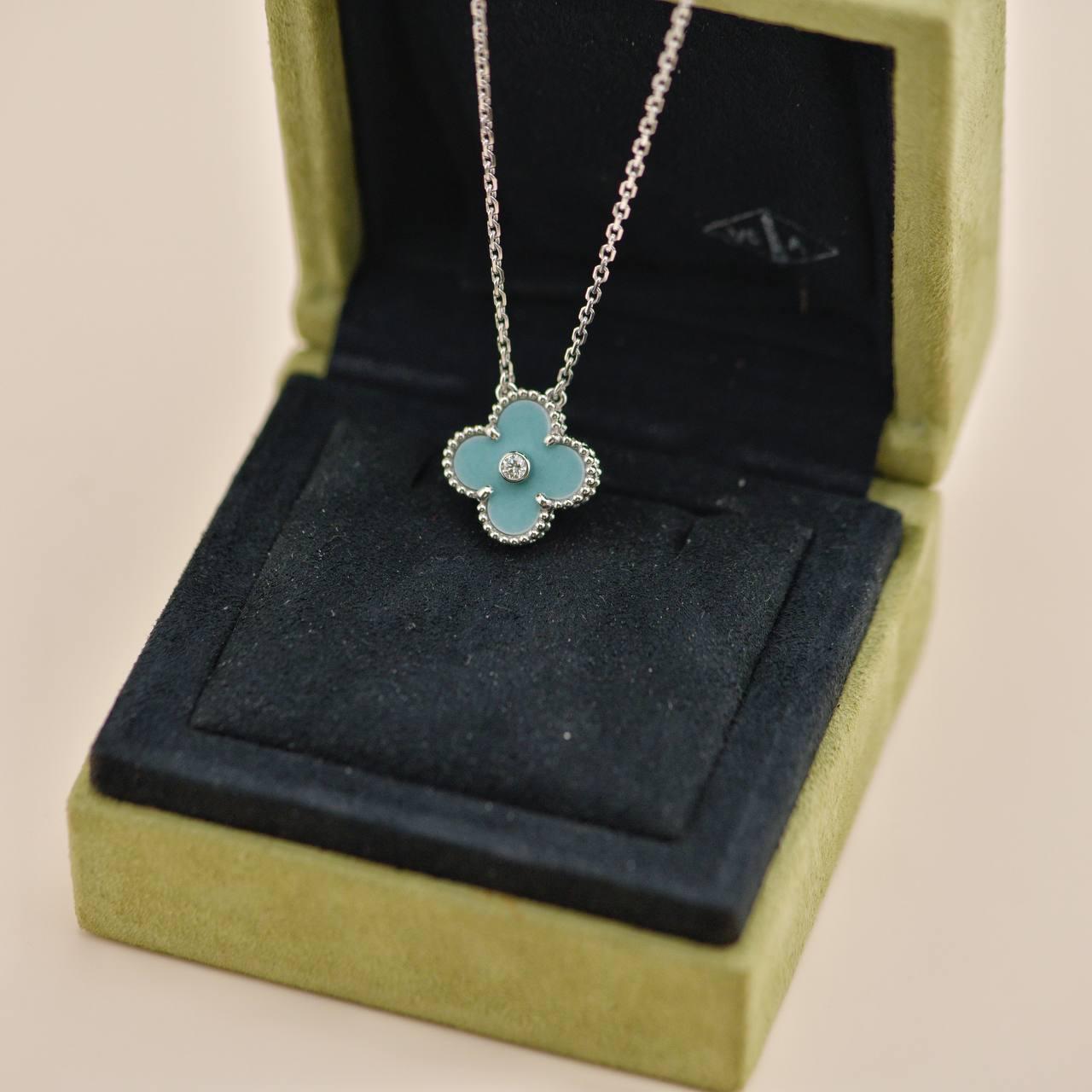 Women's or Men's Van Cleef Vintage Alhambra Diamond Celadon Sèvres Porcelain 2022 Holiday Pendant For Sale