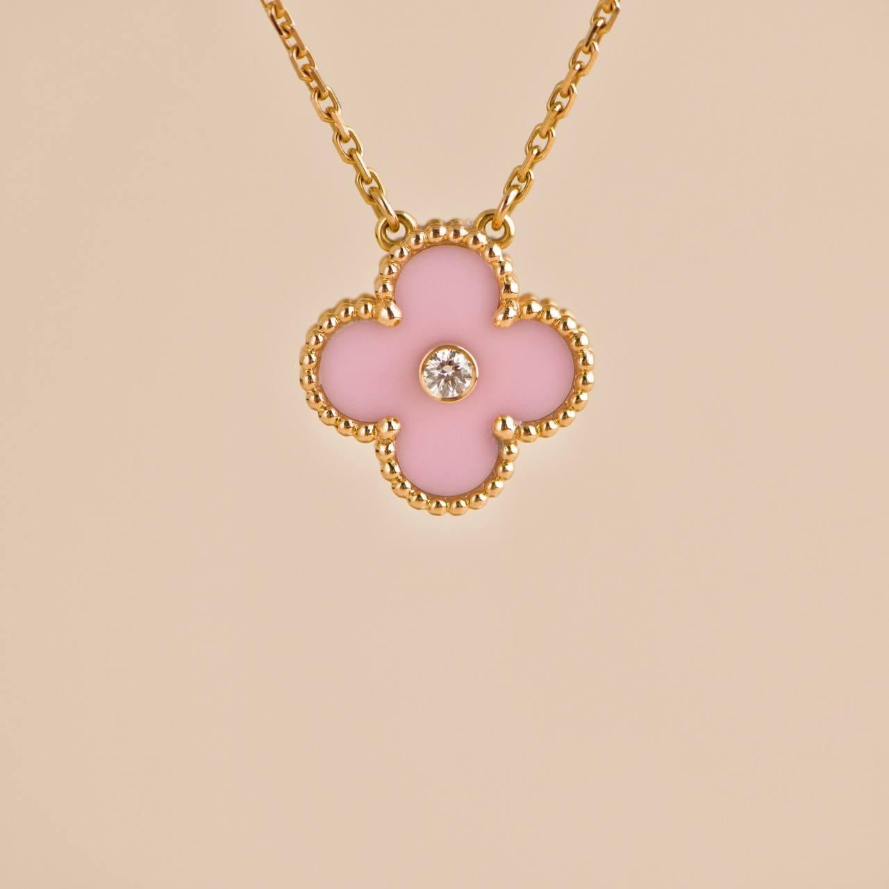 Women's or Men's Van Cleef Vintage Alhambra Diamond Pink Sèvres Porcelain 2015 Holiday Pendant