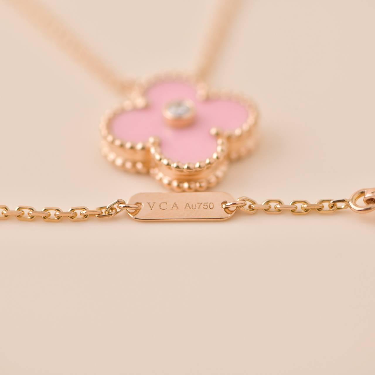 Van Cleef Vintage Alhambra Diamond Pink Sèvres Porcelain 2015 Holiday Pendant 2