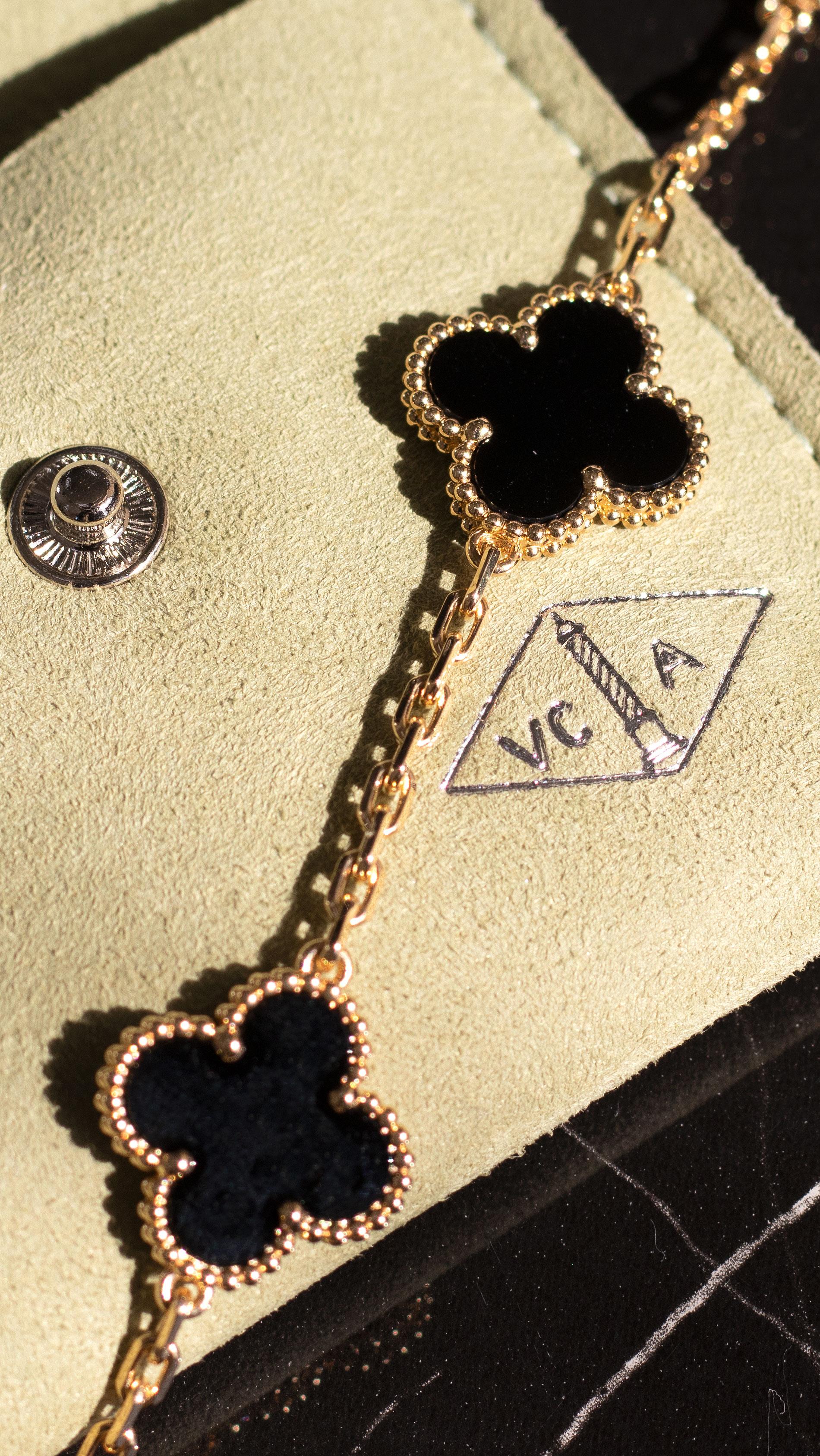 Mixed Cut Van Cleef Vintage Alhambra Five Onyx Motif Bracelet