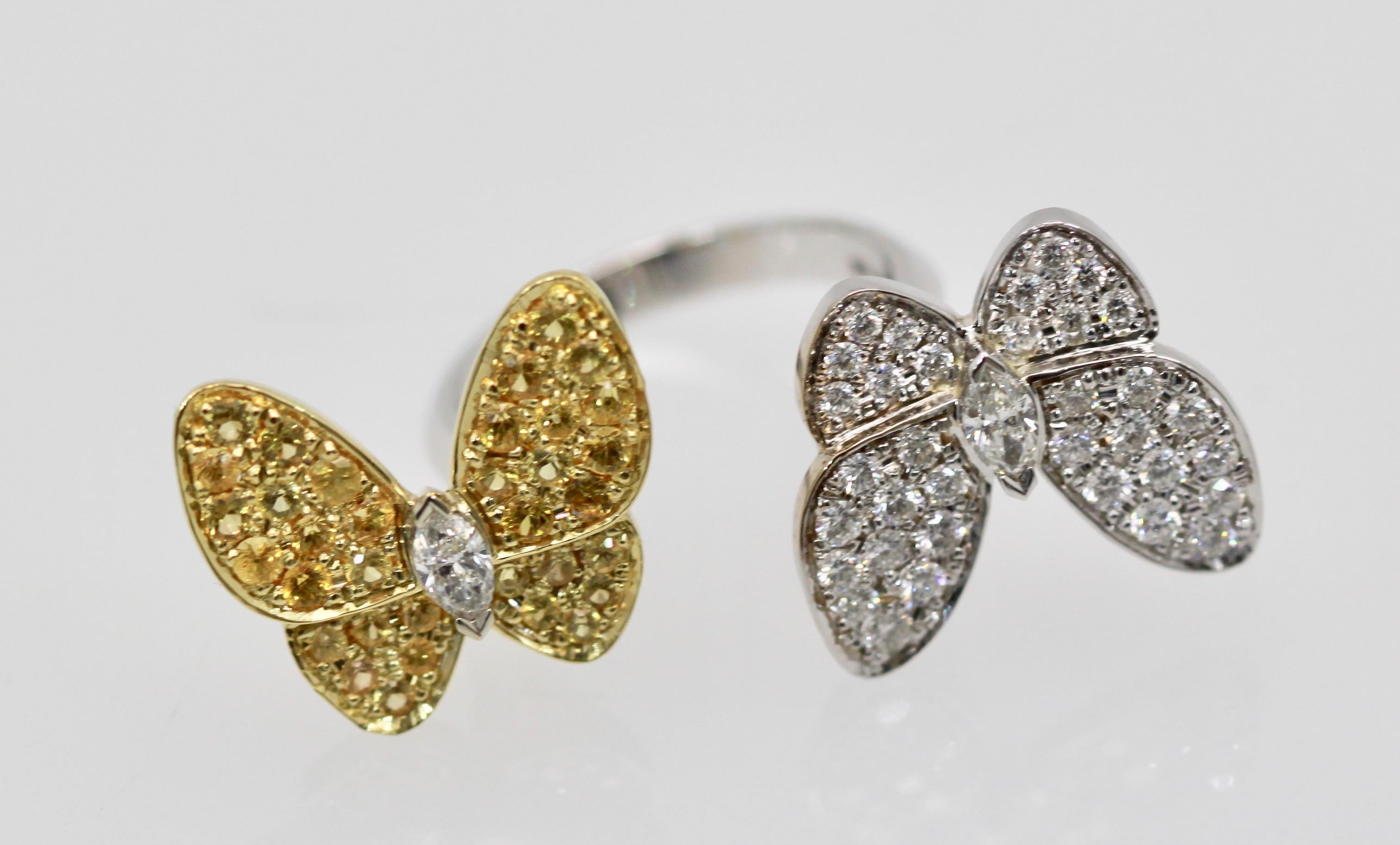 Modern Van Cleef White Diamond Yellow Sapphire Double Butterfly Ring