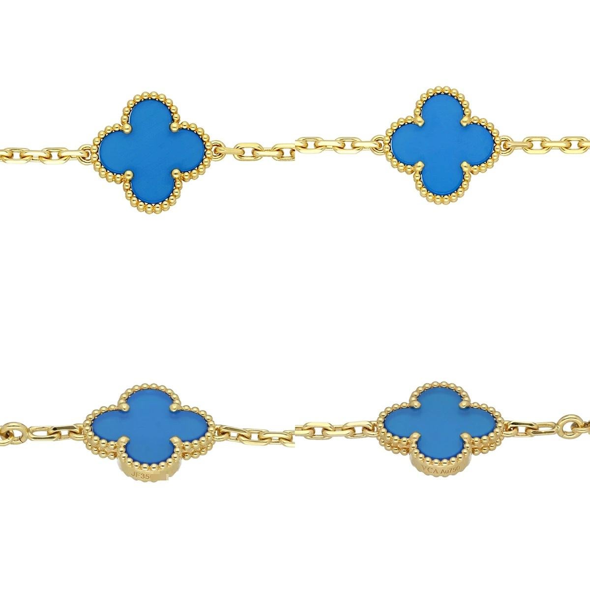 Non taillé Van Cleef & Arpels Vintage Collier Alhambra 10 Motifs Agate Bleue Or Jaune 18K en vente