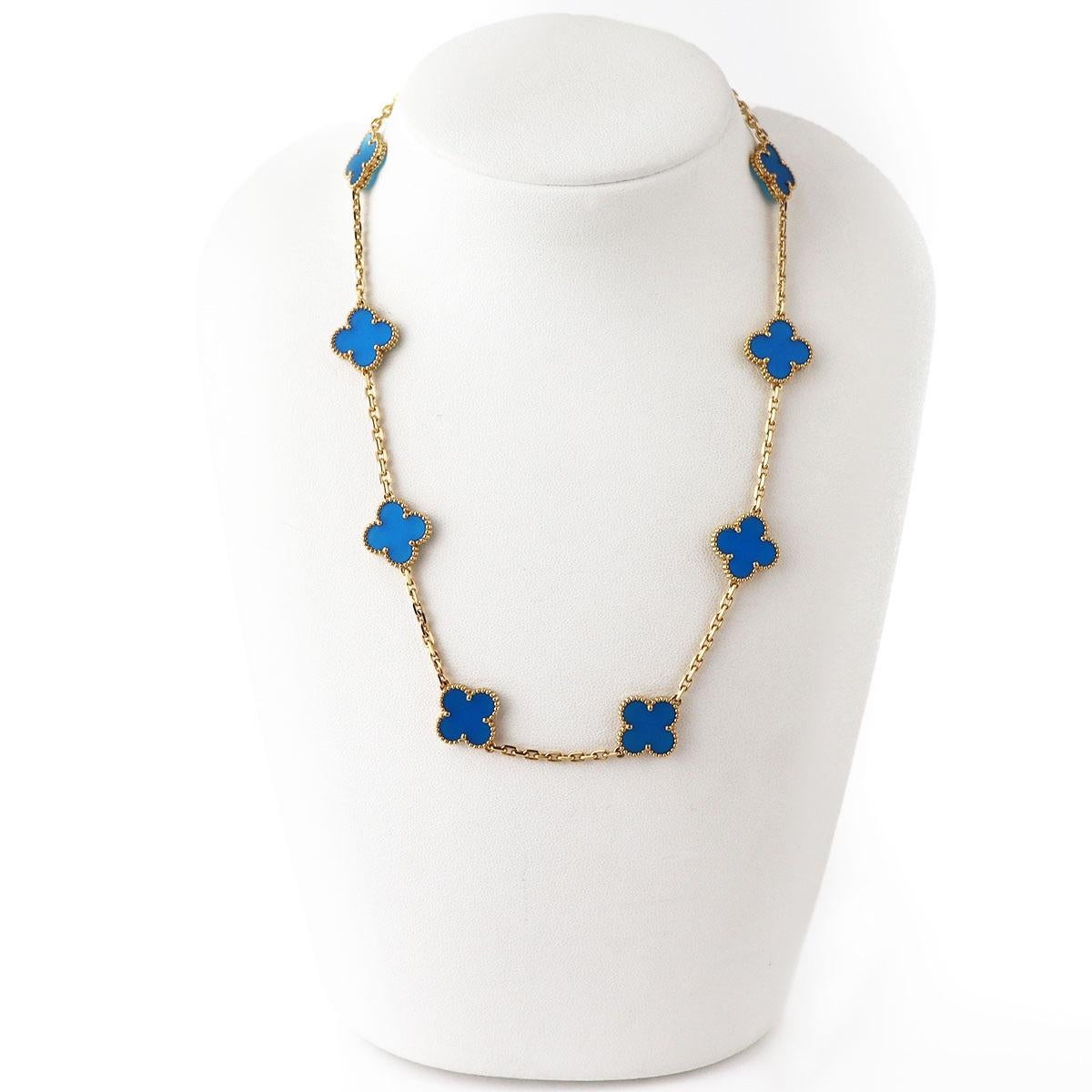 Van Cleef & Arpels Vintage Collier Alhambra 10 Motifs Agate Bleue Or Jaune 18K Pour femmes en vente