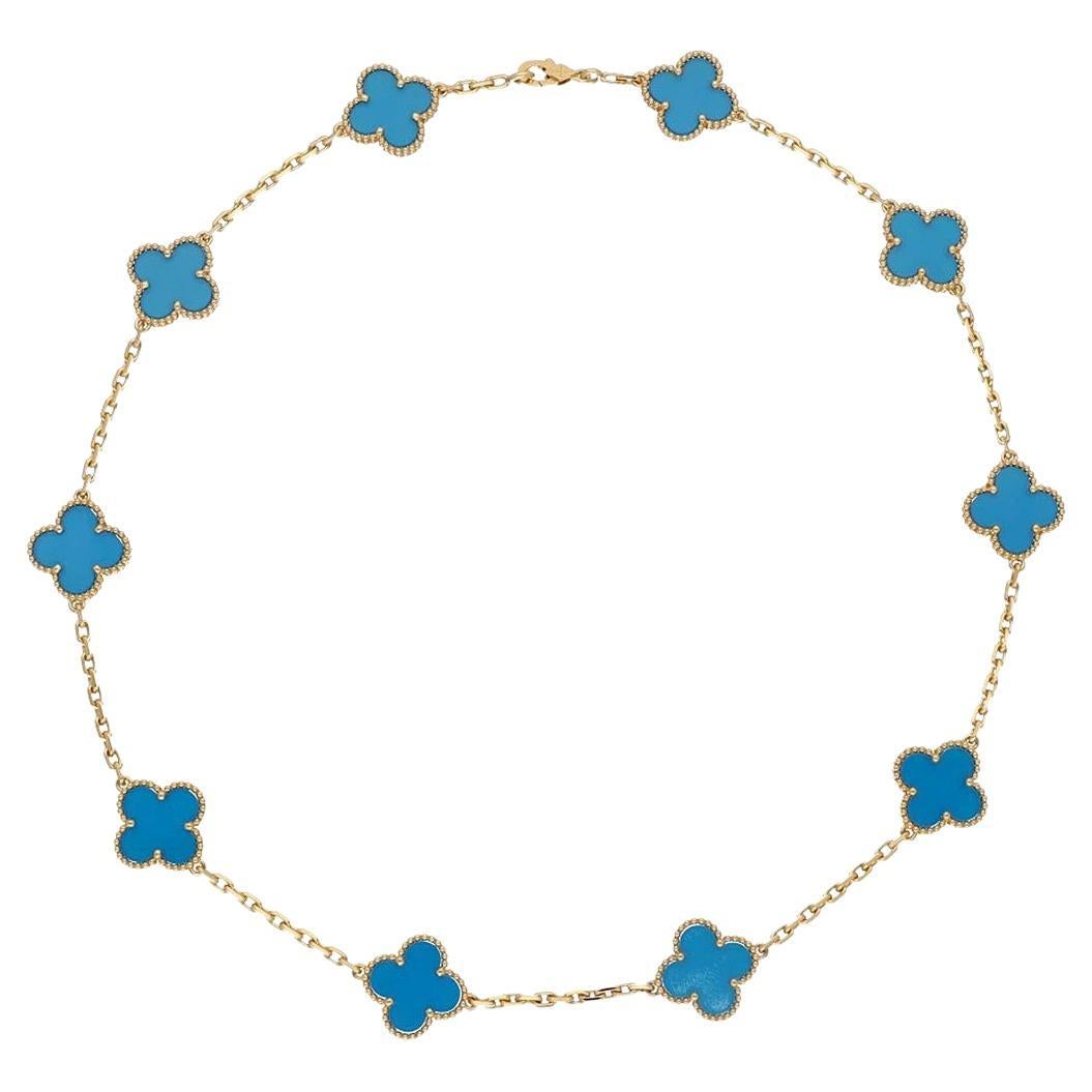 Van Cleef&Arpels Vintage Alhambra Necklace 10 Motifs Blue Agate 18K Yellow Gold