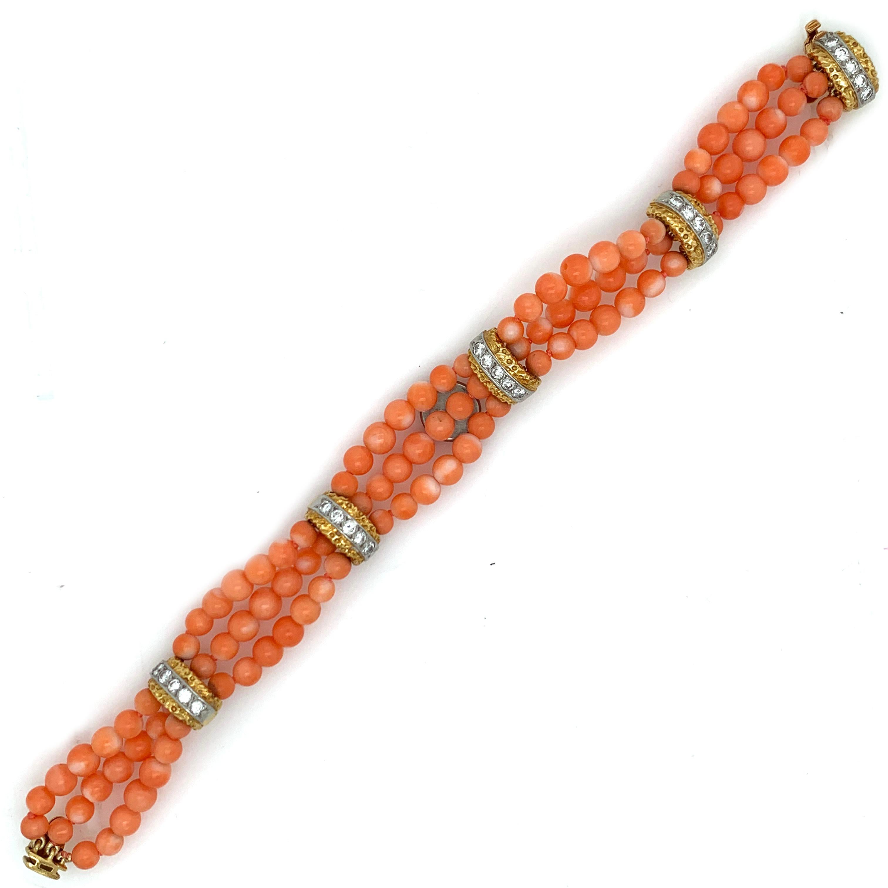 A, beautiful 7in Van Cleefs and Arpels 18kt Yellow Gold Diamond and Coral bead bracelet. With a weight of 28.8grams and 0.5in wide. This beautiful V.C.A stamped 21865 features a beautiful collection of well matched coral beads and sparkling