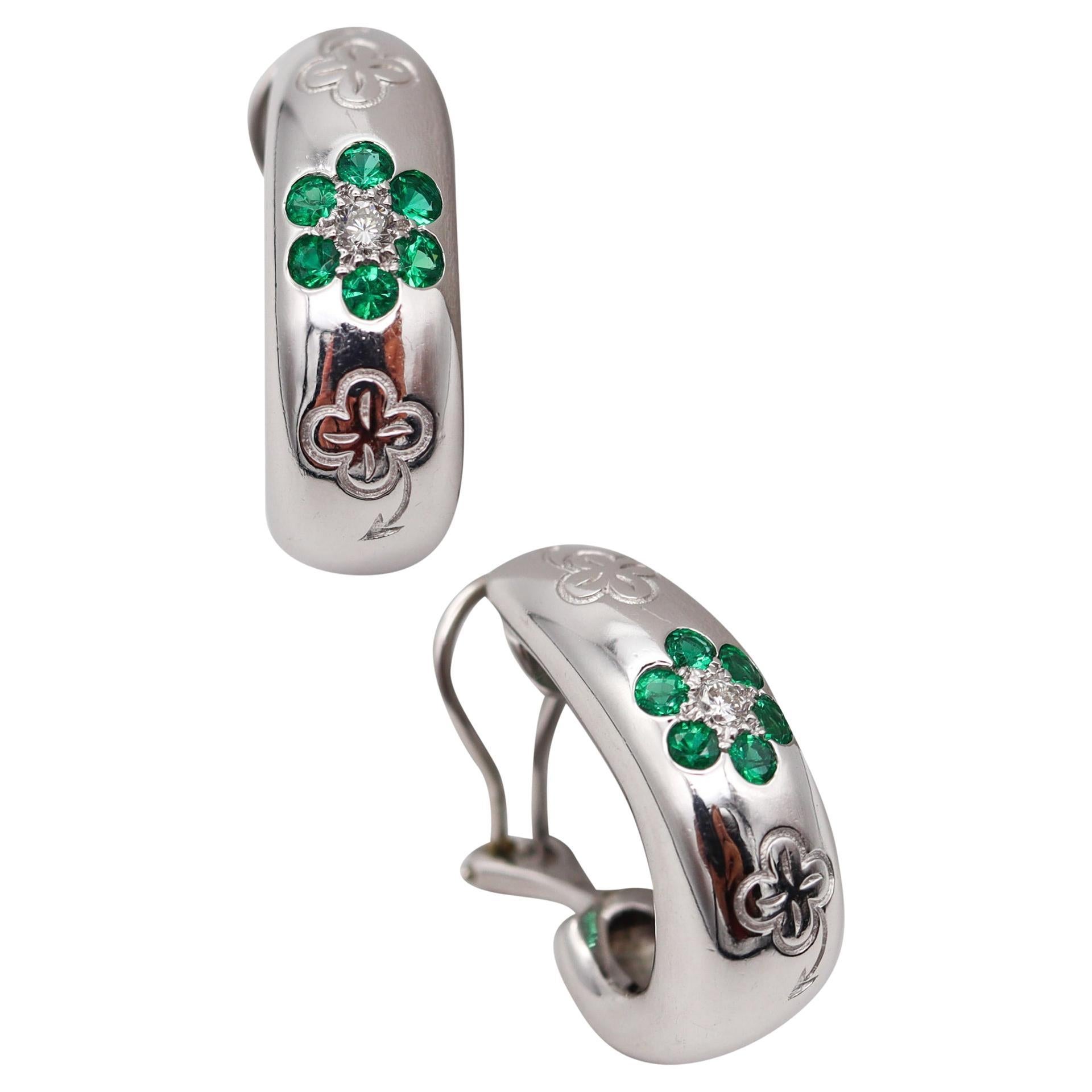 Van Cleefs & Arpels Paris Hoop Earrings 18kt Gold 1.20 Ctw Diamonds and Emeralds For Sale