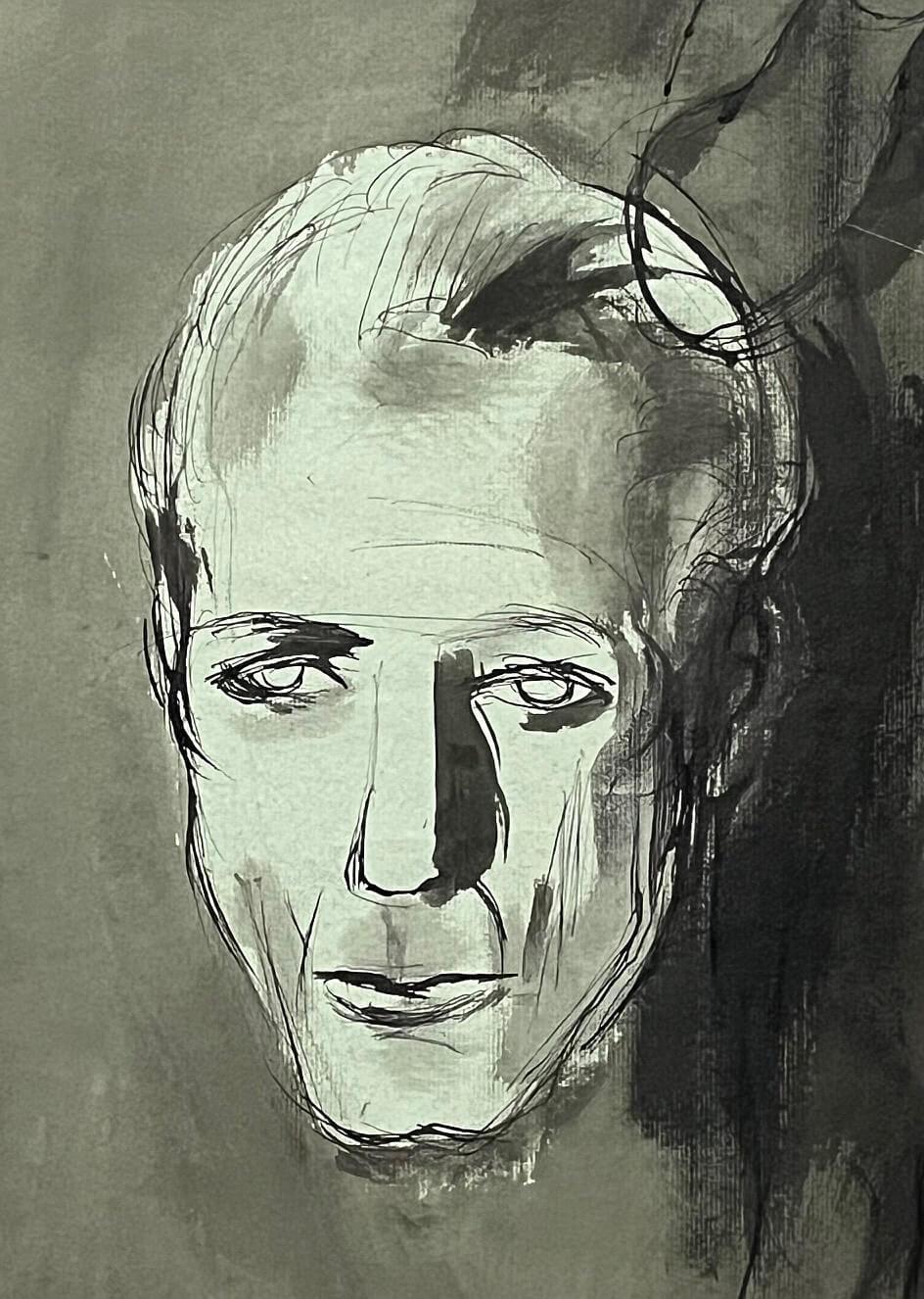 Van Day Truex Ink Wash and Watercolor Self-Portrait, circa 1945 (Handbemalt) im Angebot