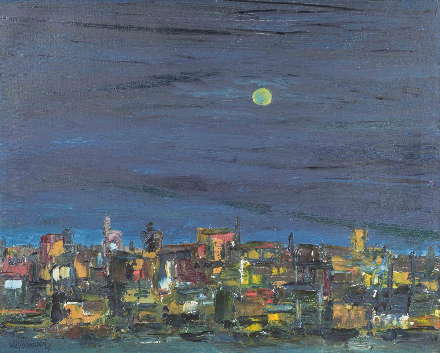 Van de Vooren, niederländischer Künstler. Öl auf Leinwand. Ausdrucksstarke nächtliche Stadtlandschaft 1969
