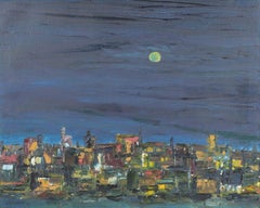Van de Vooren, artista holandés. Óleo sobre lienzo. Expresivo paisaje urbano nocturno 1969