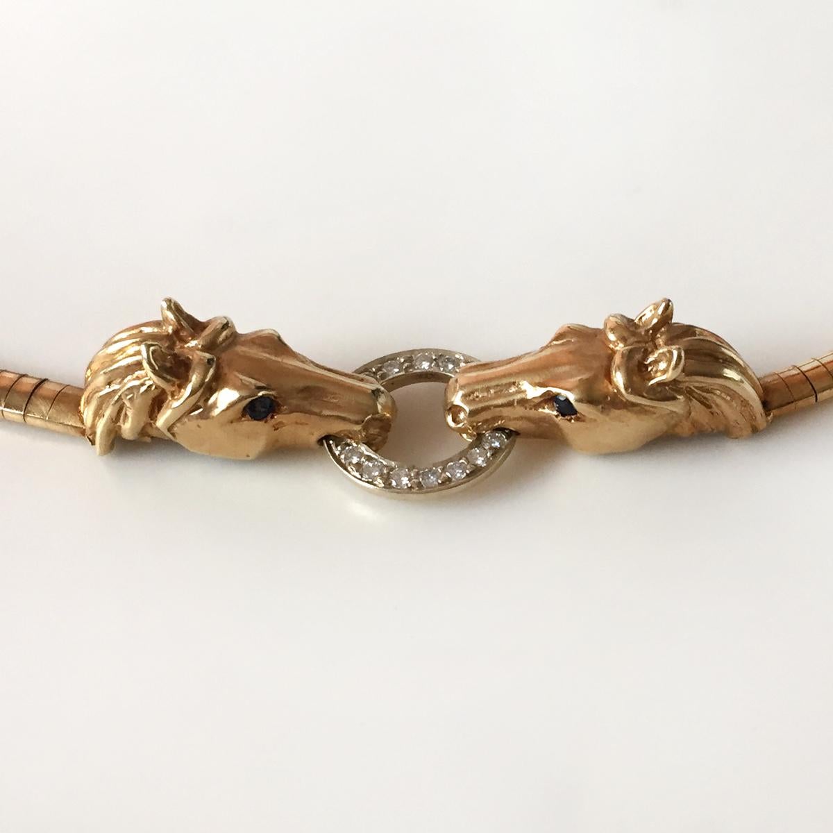 VAN DELL: 14k Gelbgold Diamant 2 Pferdeköpfe Omega Kette Halskette Damen im Angebot