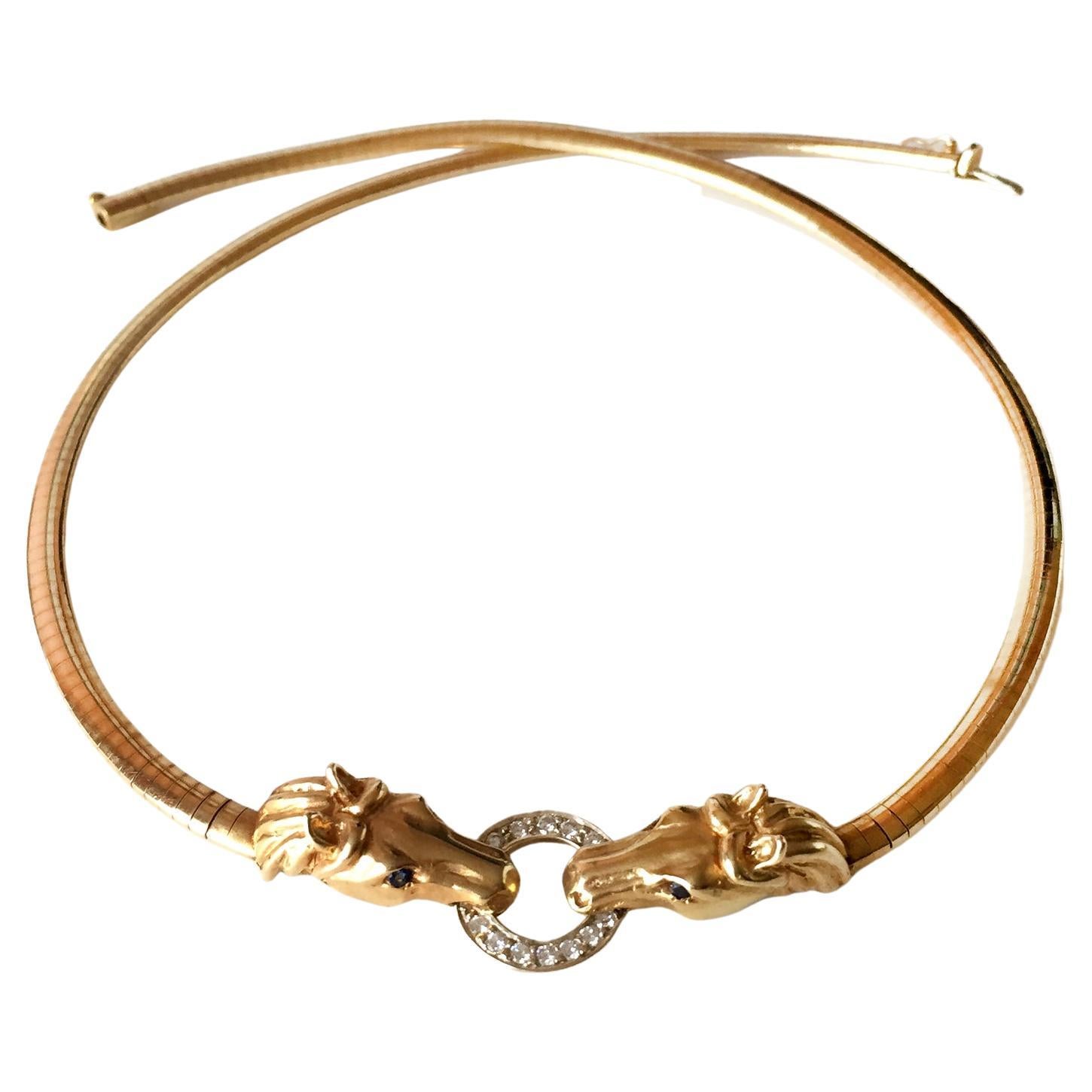 VAN DELL: 14k Gelbgold Diamant 2 Pferdeköpfe Omega Kette Halskette im Angebot
