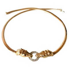 VAN DELL: 14k Gelbgold Diamant 2 Pferdeköpfe Omega Kette Halskette