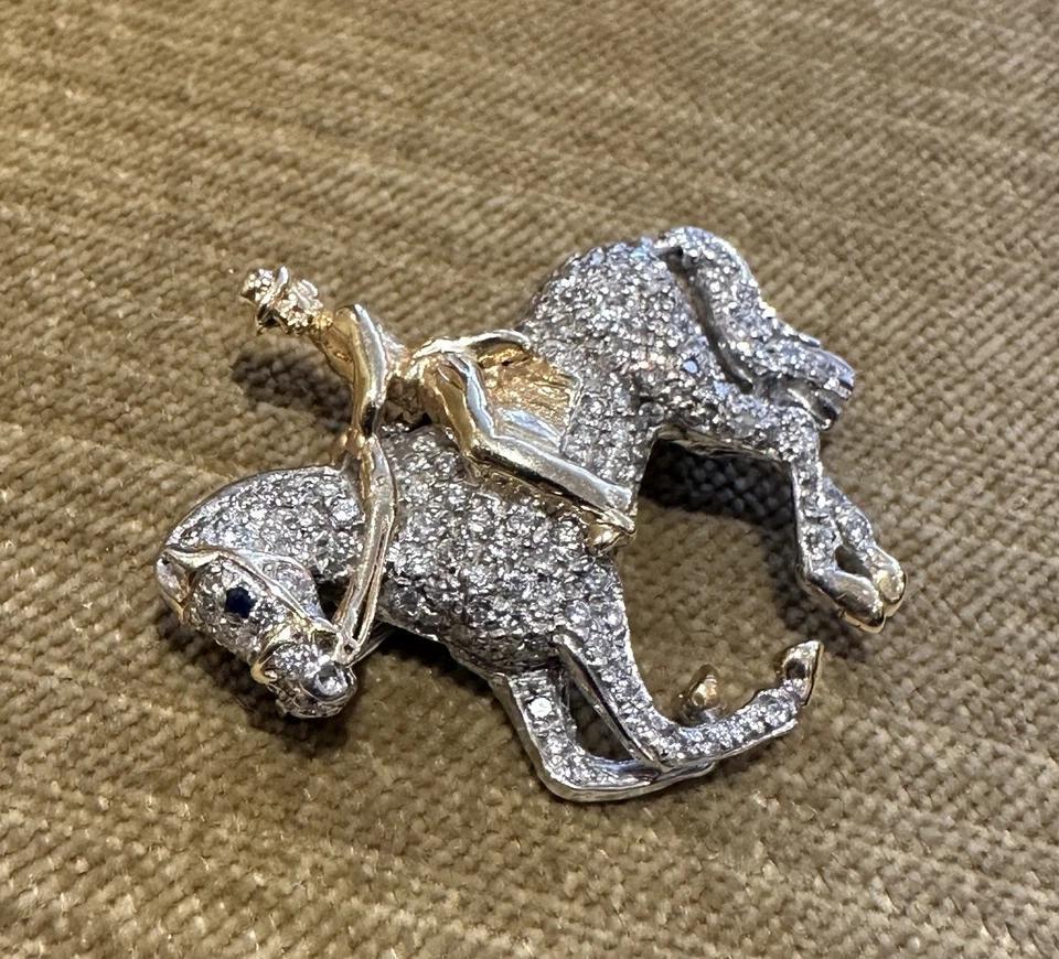 Round Cut Van Dell Diamond Pave Horse and Rider Pin Pendant in 14k White and Yellow Gold For Sale