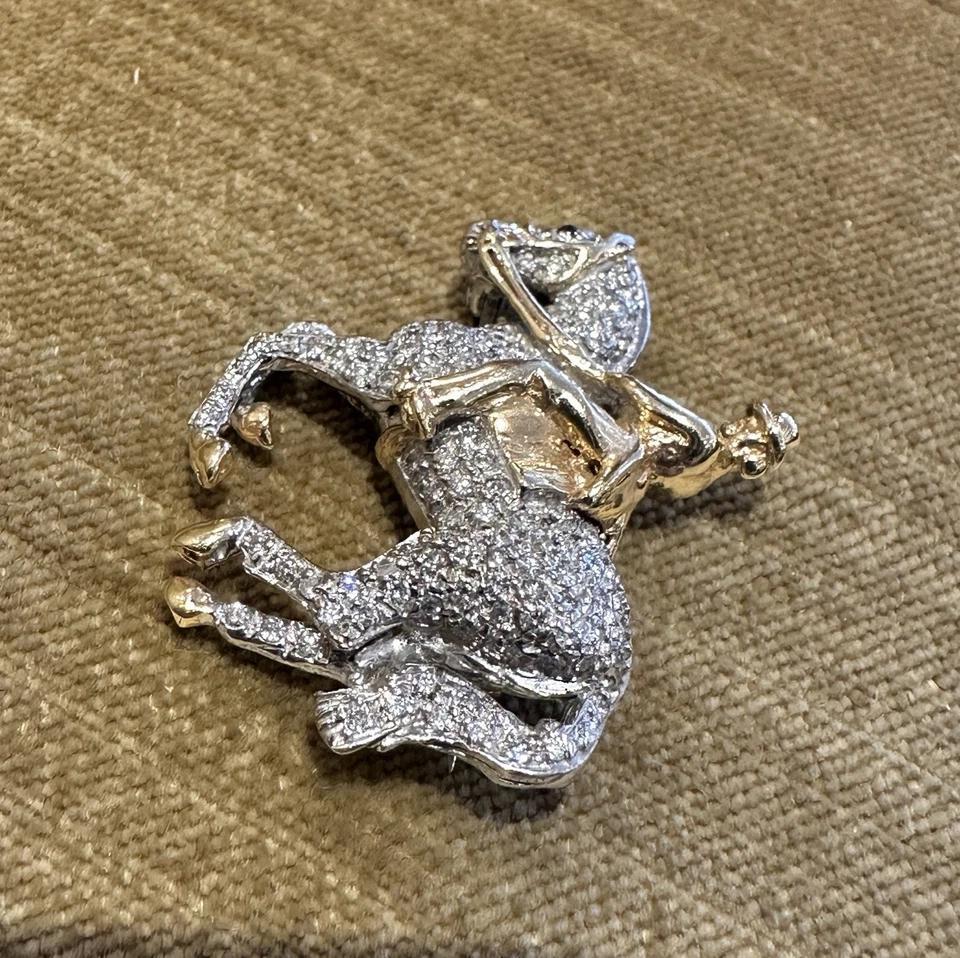 Van Dell Diamond Pave Horse and Rider Pin Pendant in 14k White and Yellow Gold In Excellent Condition For Sale In La Jolla, CA