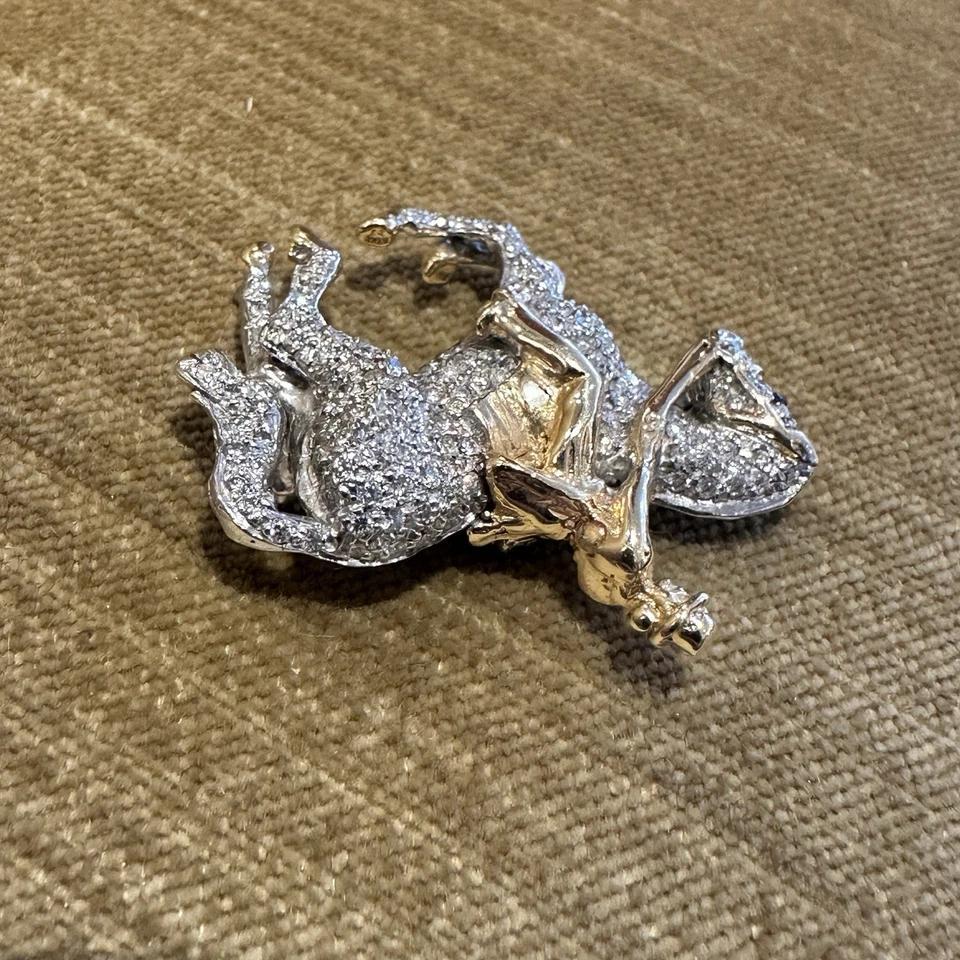 Women's or Men's Van Dell Diamond Pave Horse and Rider Pin Pendant in 14k White and Yellow Gold For Sale
