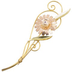 Vintage Van Dell Long Flower Wire Brooch Pin w Faux Pearl Center, Gold Filled Sterling