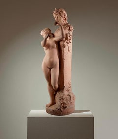 Grande sculpture française Art Nouveau en terre cuite 'La Bacchante' signée