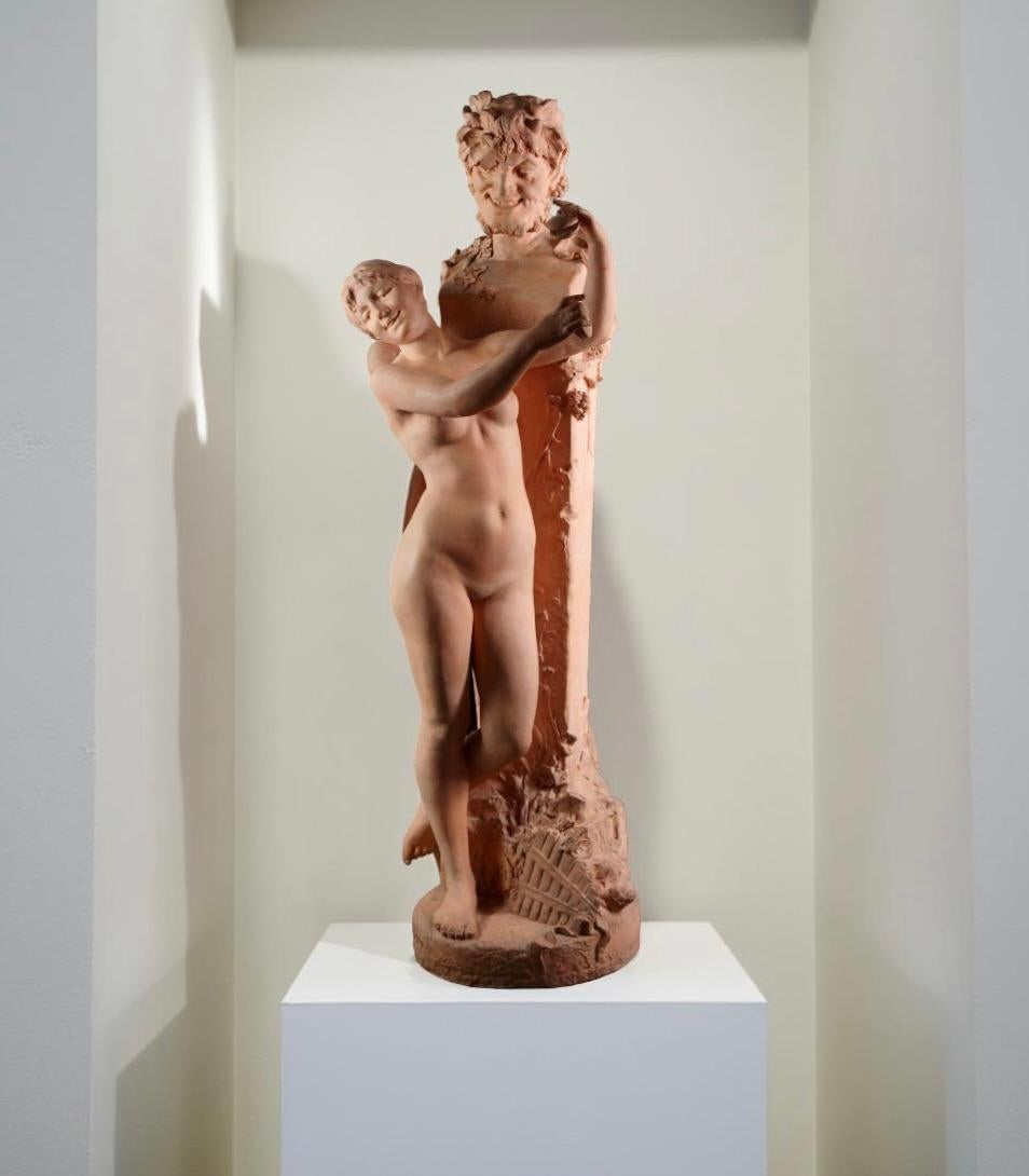 Grande Terracotta Francese Scultura Art Nouveau "La Baccante" Firmata