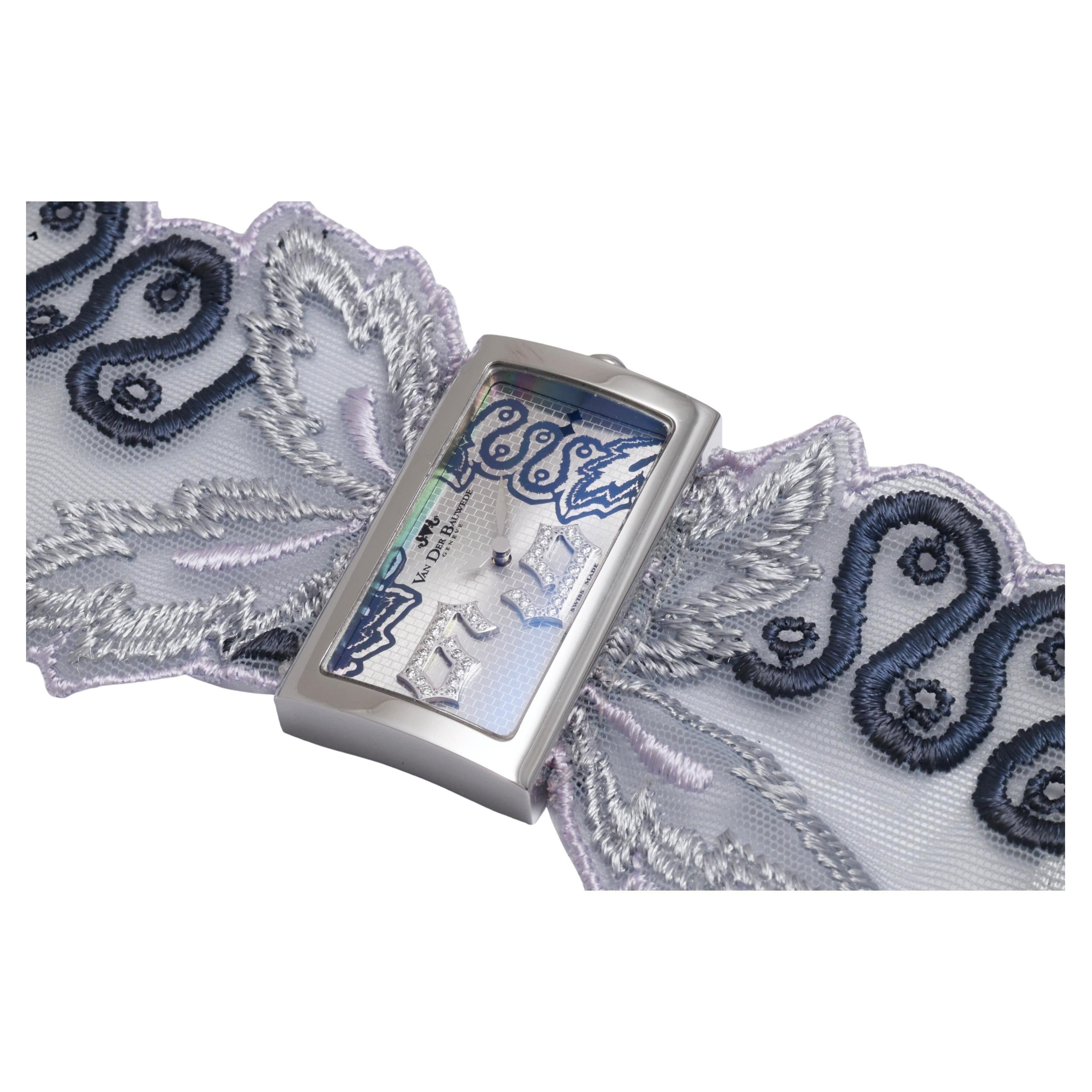 Van Der Bauwede Lace Sixty Nine Wrist Watch, Brand New With Box and Warranty Papers

Movement: quartz, calibre 12

Functions: hours, minutes

Case: stainless steel, diameter 38.5 mm x 22.5 mm, height 7,50 mm, sapphire glass, back secured with 4