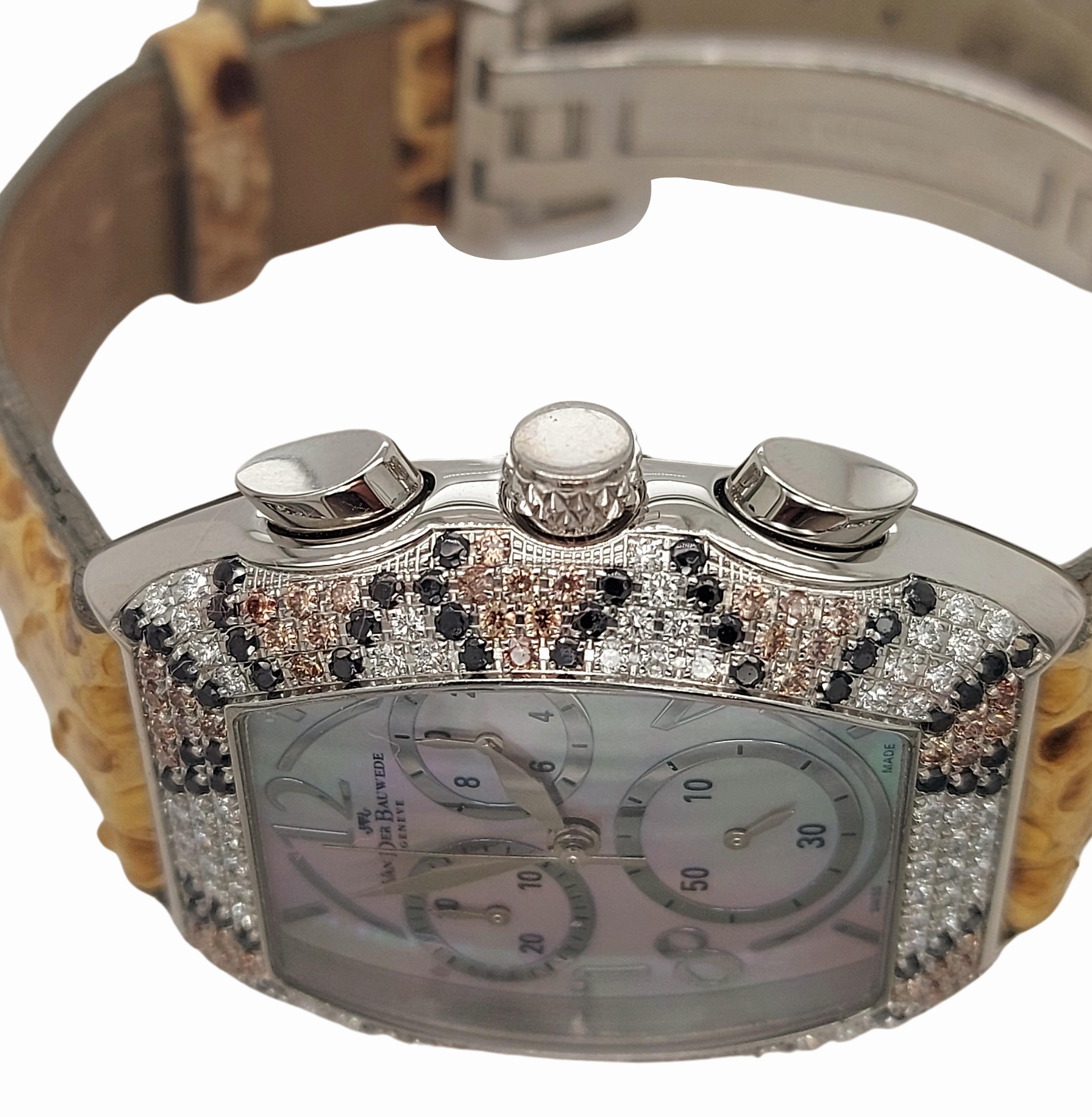 Van der Bauwede Magnum XS Chronograph Watch, Black, Cognac & White Diamonds For Sale 2
