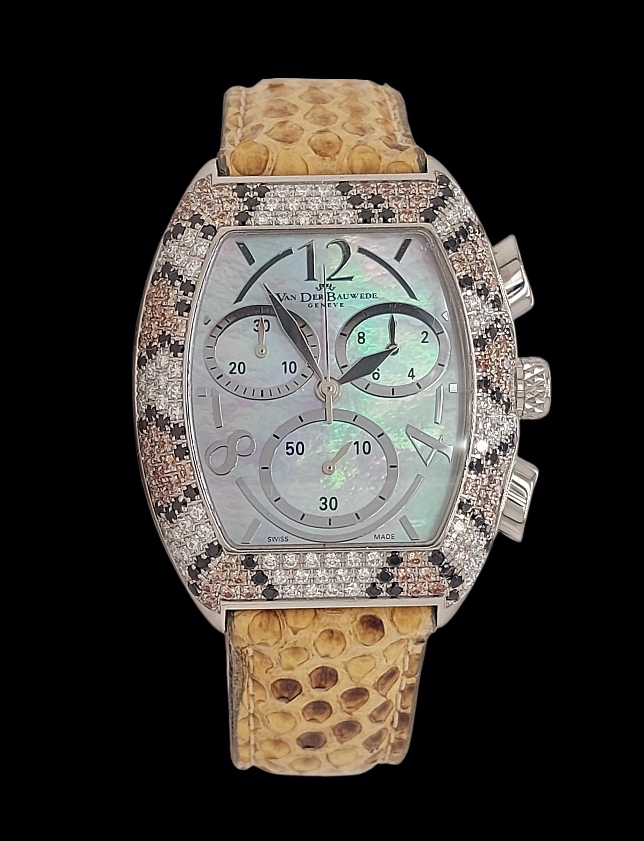 Royal class women's Van der Bauwede Magnum XS Chronograph watch With Black ,Cognac & White Diamonds

Movement: quartz, calibre 65

Functions: hours, minutes, subsidiary seconds, chrono functions

Case: Stainless steel, measurements 33 mm x 37.2 mm,