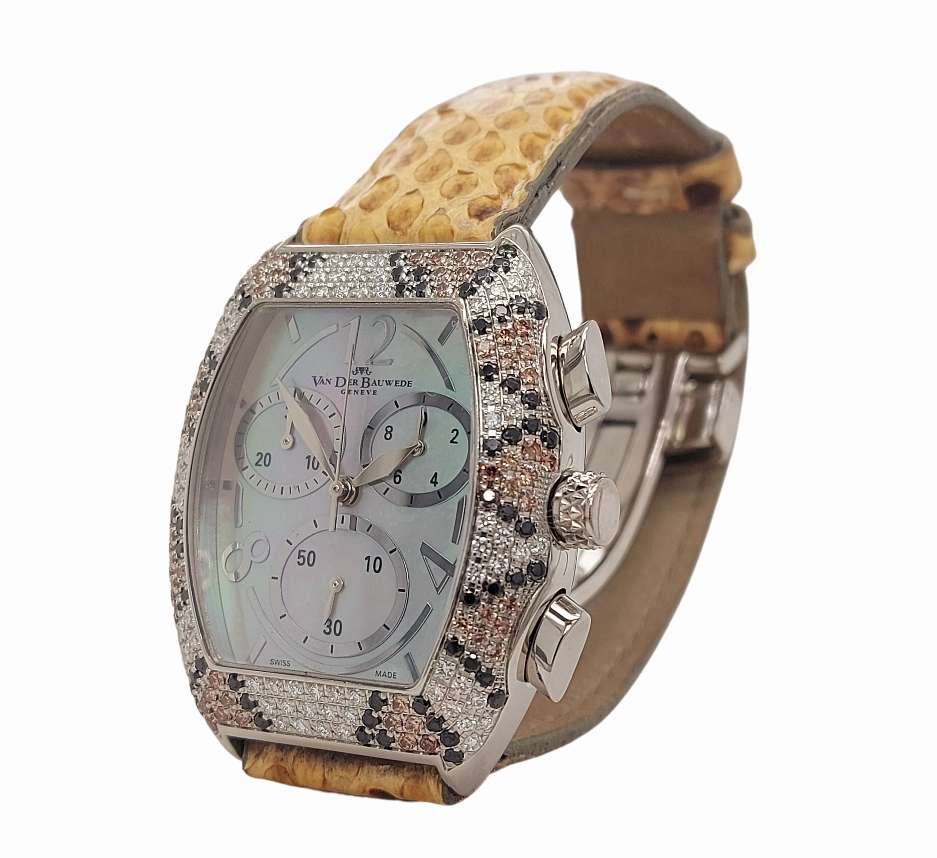 Brilliant Cut Van der Bauwede Magnum XS Chronograph Watch, Black, Cognac & White Diamonds For Sale