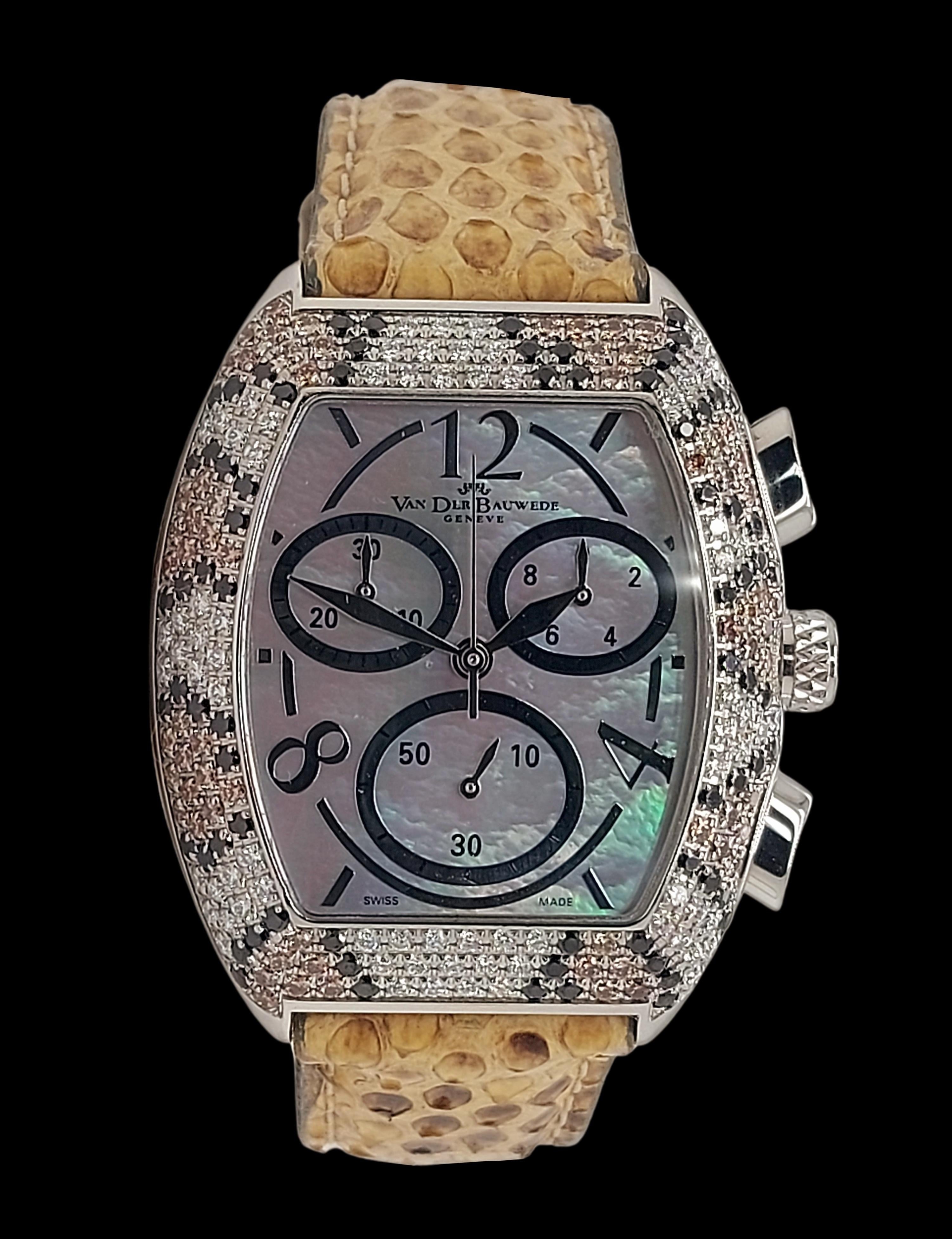 Van der Bauwede Magnum XS Chronograph Watch, Black, Cognac & White Diamonds In Excellent Condition For Sale In Antwerp, BE