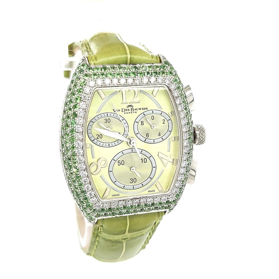 Van Der Bauwede Magnum XS silver, Chronograph, Quartz with Diamonds & Tsavorite In New Condition For Sale In Antwerp, BE