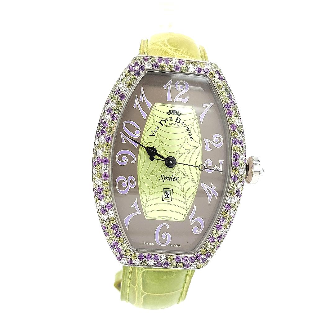 Amazing brand new Van Der Bauwede Spider Tutti Frutti With Diamonds & natural semi precious color stones.

A watch to sparkle for every occasion,matching all clothes of your closet and making you smile day after day...

Movement: quartz, VDB caliber