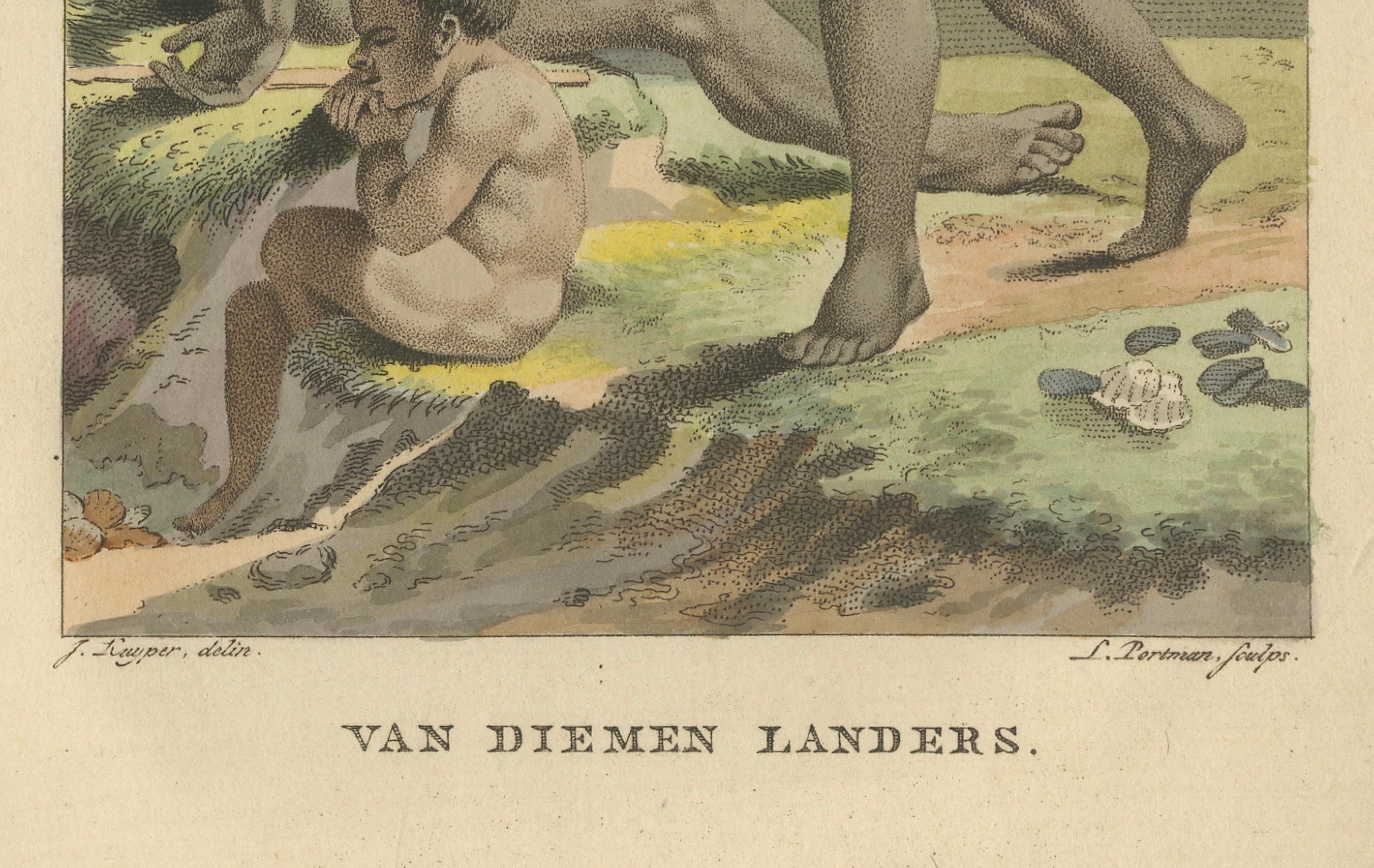 Van Diemen Landers - Antiker handkolorierter Kupferstich der tasmanischen Ureinwohner 1803 (Niederländisch) im Angebot