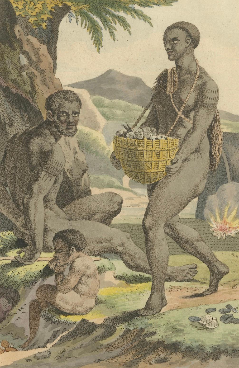 Van Diemen Landers - Antiker handkolorierter Kupferstich der tasmanischen Ureinwohner 1803 im Zustand „Gut“ im Angebot in Langweer, NL