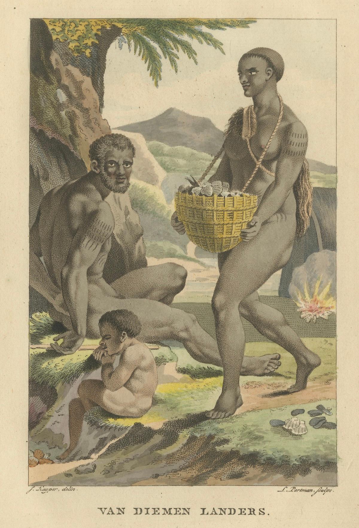 Van Diemen Landers - Antiker handkolorierter Kupferstich der tasmanischen Ureinwohner 1803 (19. Jahrhundert) im Angebot