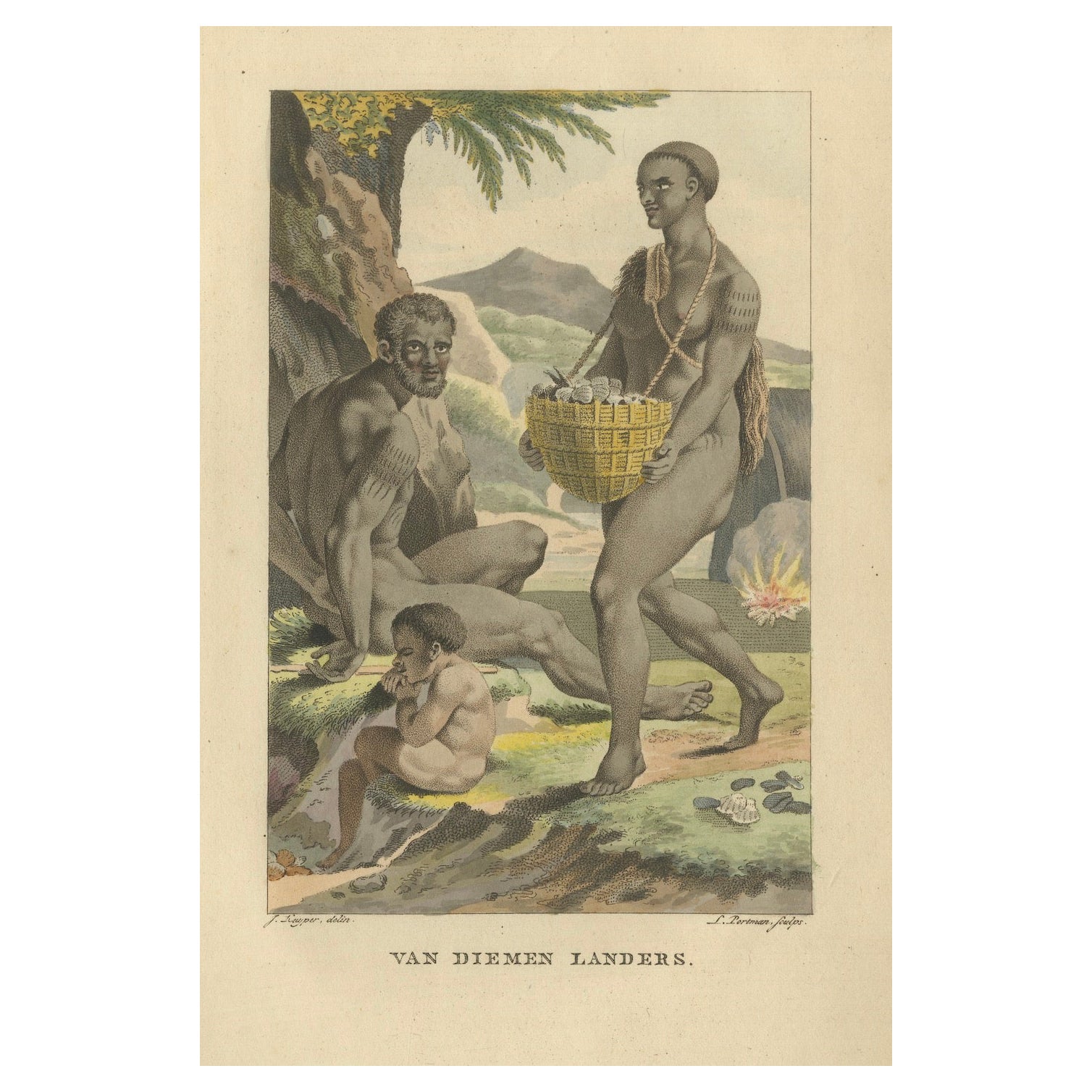 Van Diemen Landers – Antique Handcolored Engraving of Aboriginal Tasmanians 1803
