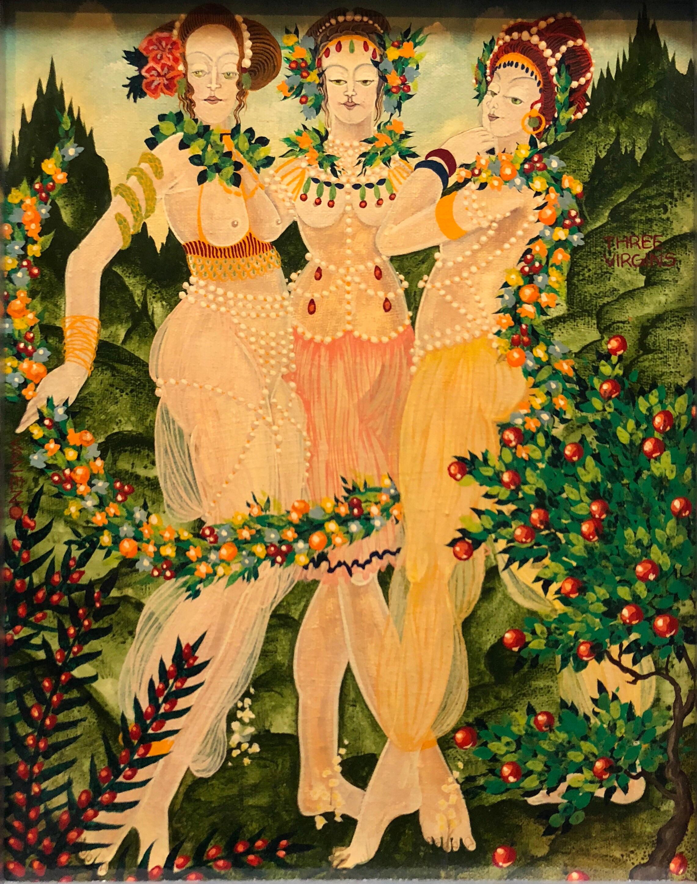Van Eno Figurative Painting - Three Virgins, Whimsical Surrealist Key West Conch Republic Painting