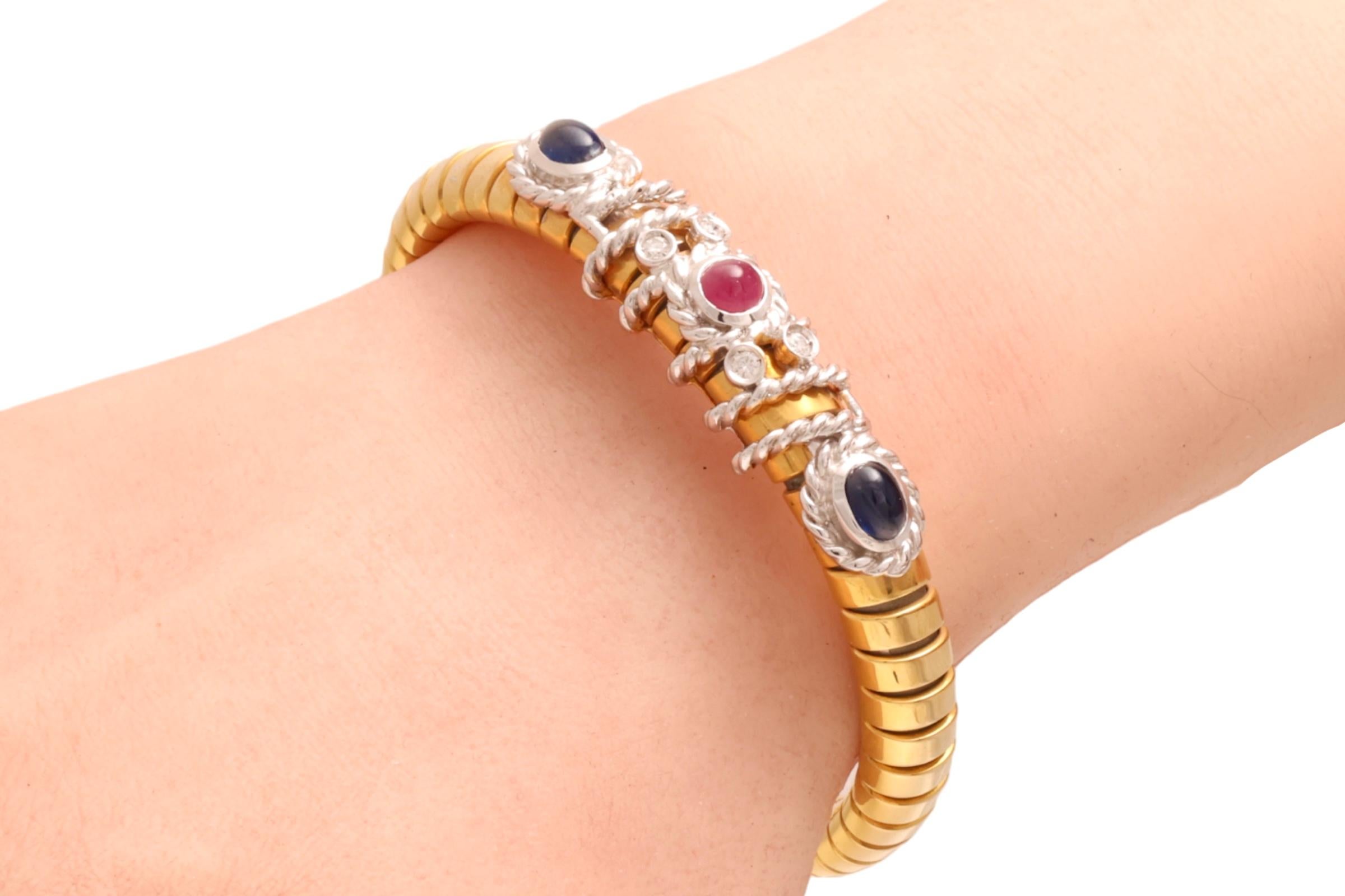 Van Esser Flexibles Armband aus 18 Karat Gold mit Diamanten, Cabochon, Saphiren und Rubinen im Angebot 6