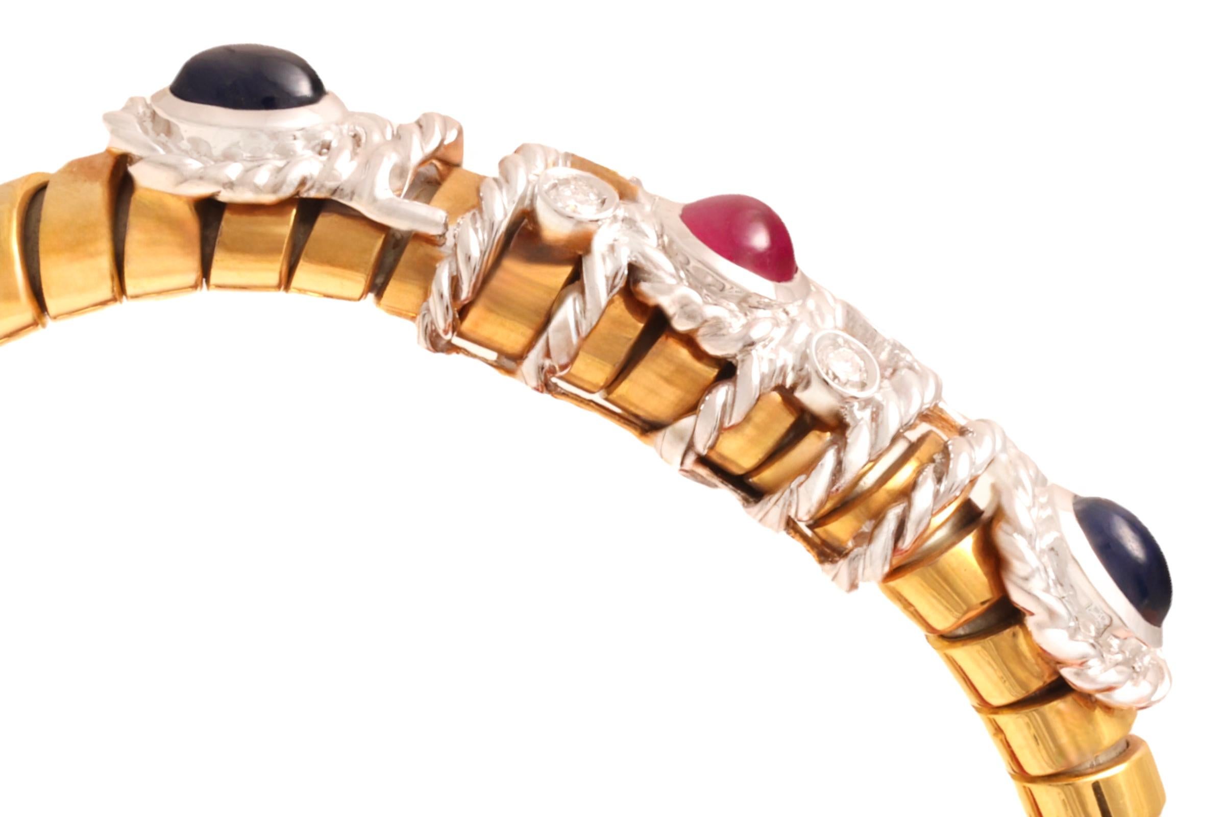 Van Esser Flexibles Armband aus 18 Karat Gold mit Diamanten, Cabochon, Saphiren und Rubinen für Damen oder Herren im Angebot